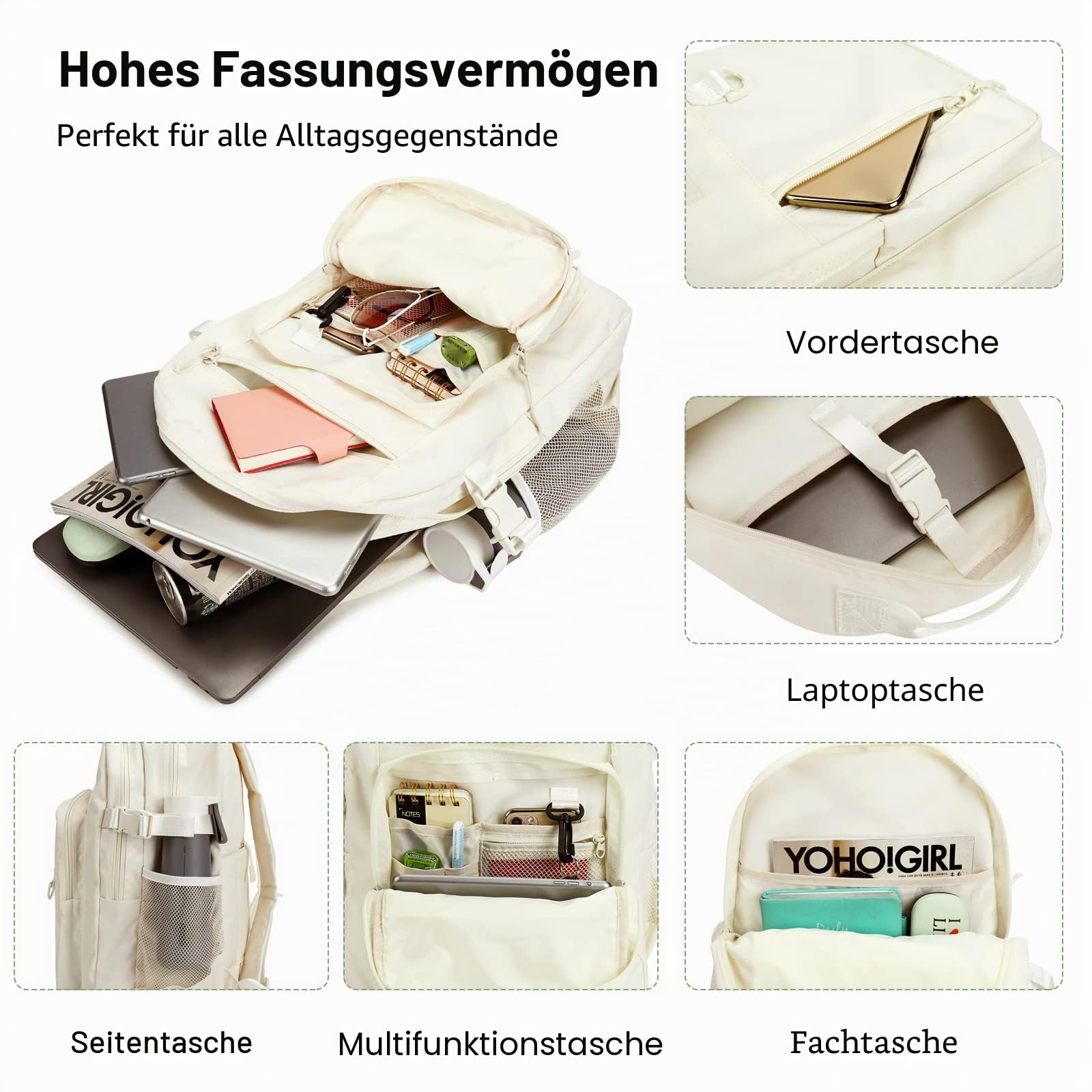 FANDARE Beiläufig Rucksack Schulrucksack Schulranzen Daypacks mit 15.6 Zoll Laptopfach Schultaschen mit Handytasche Mädchen Junge Kinderrucksack für Universität Reisen Freizeit Khaki a