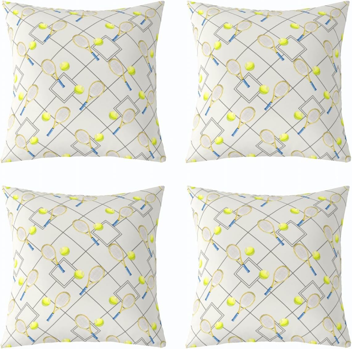 Castle Fairy Tennis Sports Throw Pillow Covers 16"x16" Set of 4,Checkered Lines Cushion Covers for Couch Sofa,Modern Ball Gaming Theme Decorative Pillowcases,Grey Pillow Cases