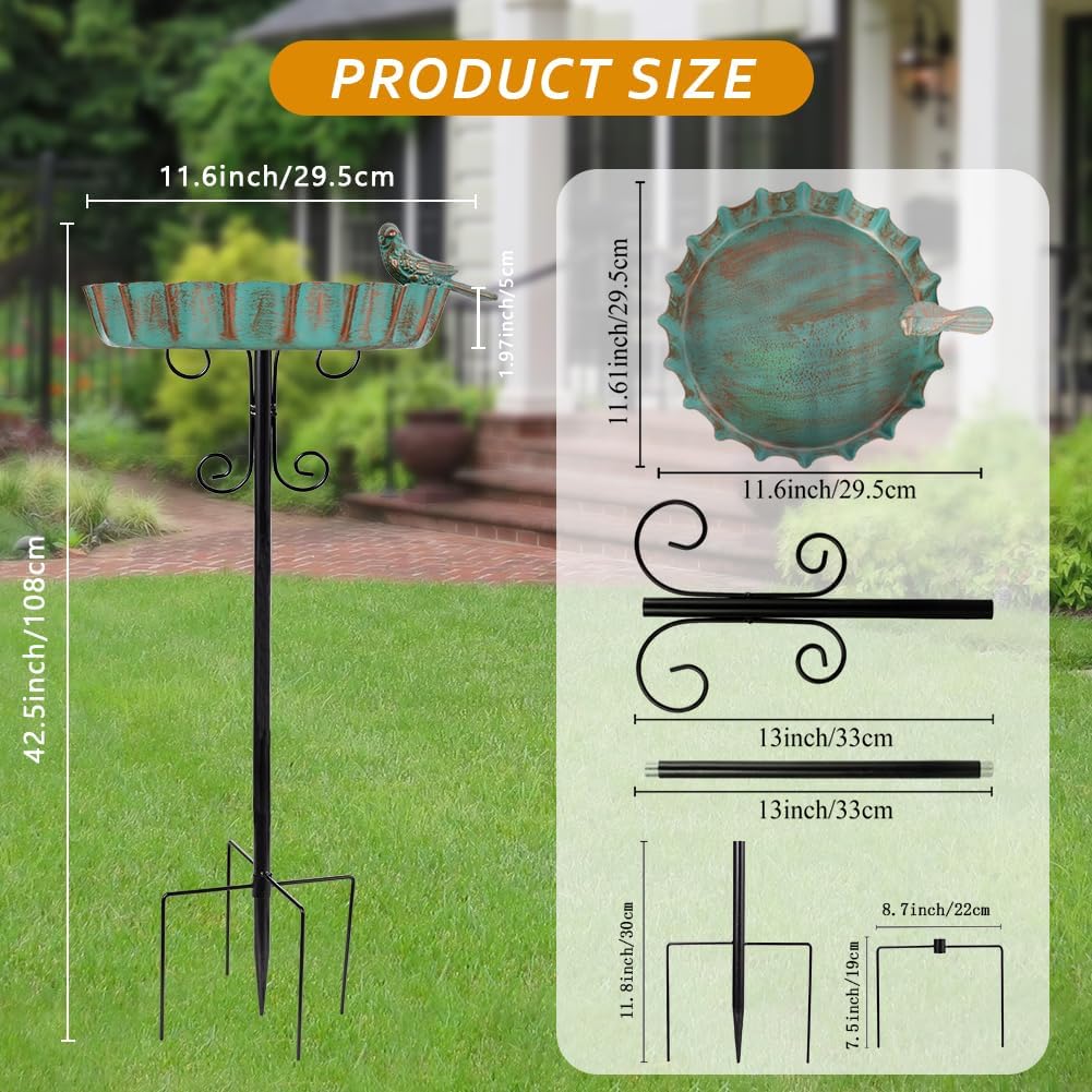 Metal Outdoor Bird Bath,11.6 Inch Standing Birdbath & Birdfeeder for Outside with 4 Prongs Base Stake,Garden Bird Baths for Yard Lawn Decor
