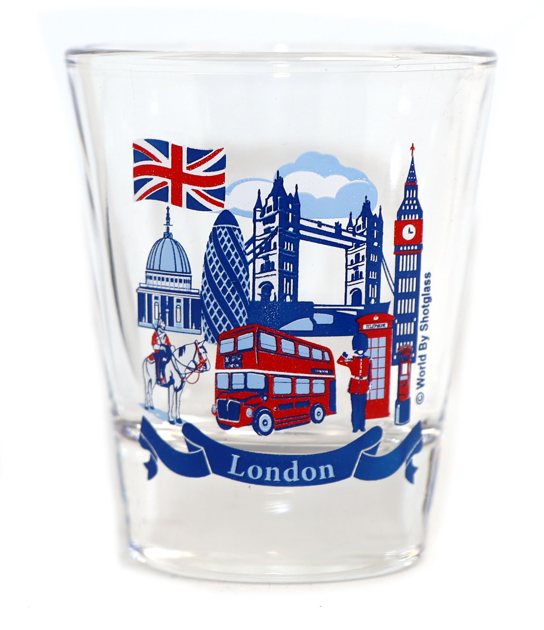 World By Shotglass Blue London England Landmarks And Icons Ribbon Shot Glass