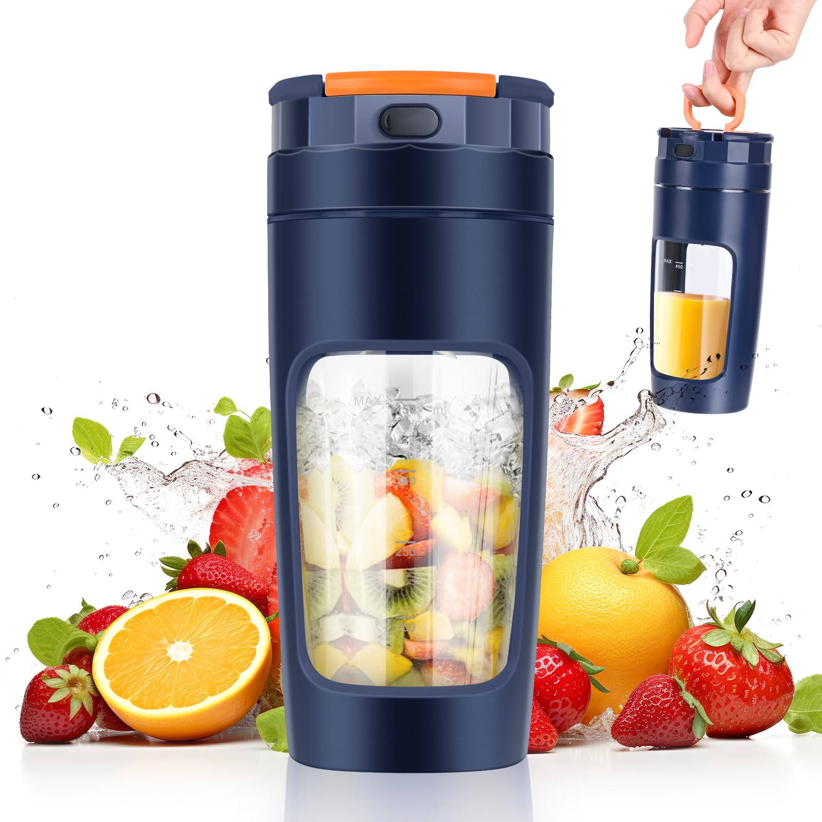 Lekki Przenośny Blender, ręczny mikser do owoców o pojemności 600 ml, mocny bezprzewodowy mini blender, z możliwością ładowania, smoothie, koktajle białkowe, kruszy lód i mrożone owoce (Niebieski)