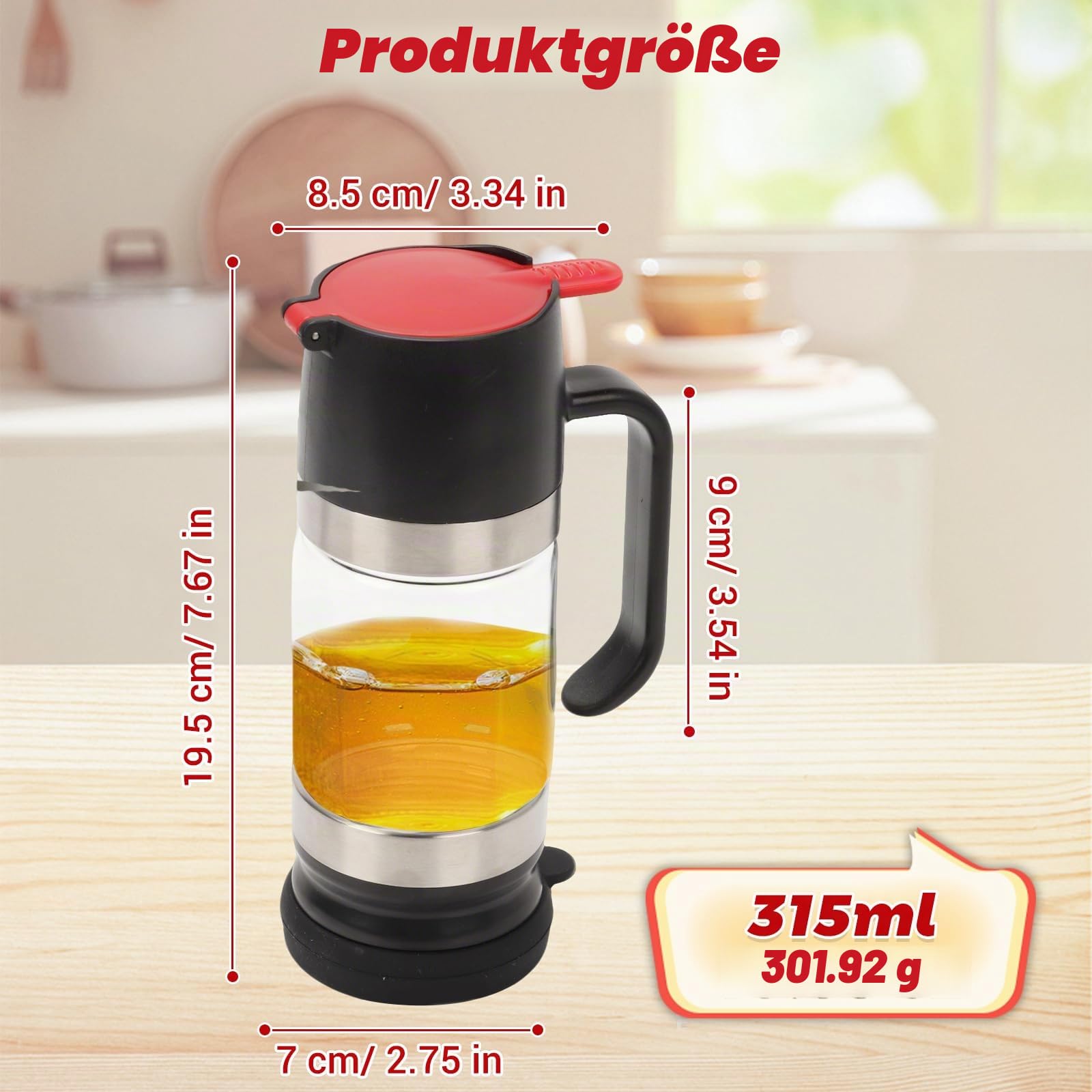 Honigspender Glas, 315 ml/ 10,65 oz Tropfsicherer Honigglas mit Griff, Tropfsicherer Honey Dispenser mit Halterung, Sirupspender Glas für Honig und Sirup, Schwarz
