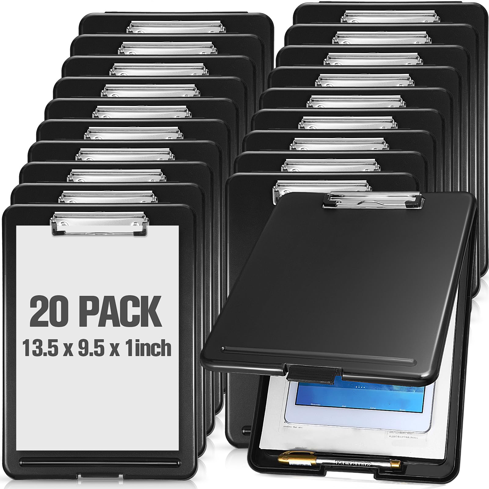 Mimorou 20 Pcs Clipboard with Storage,9.5 x 13.5 Inch Plastic Heavy Duty Foldable Clip Board with Pen Holder Low Profile Clipboard for Nurse Teacher