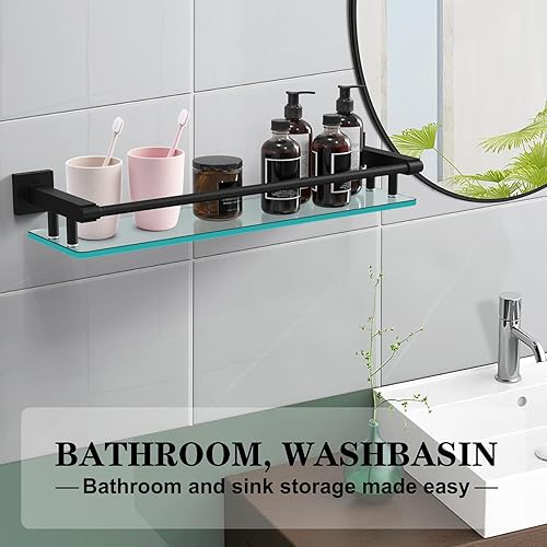 Miniatura 4 de Estante de vidrio para baño de 20 pulgadas, estantes rectangulares de vidrio templado de acero inoxidable moderno para montaje en pared, estante de