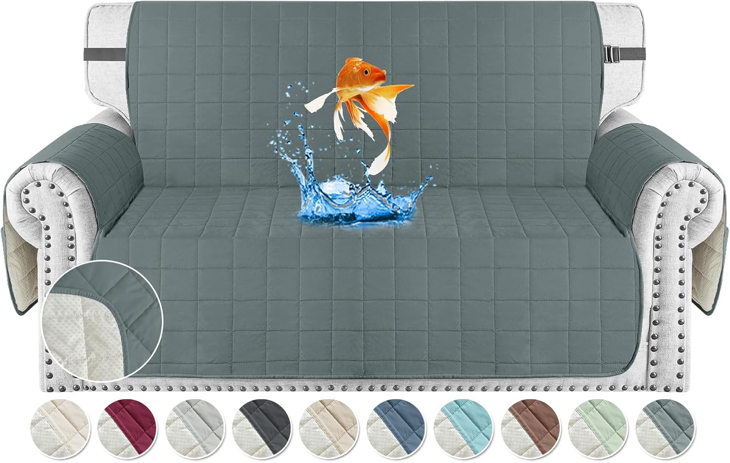 MAXIJIN Waterproof Love Seat Couch Covers 2 Cushion Sofa, 49" Quilted Loveseat Cover Slipcovers for Pets Dog Couch Cover Protector with Elastic Strap & Side Pocket (Loveseat, Dark Gray)