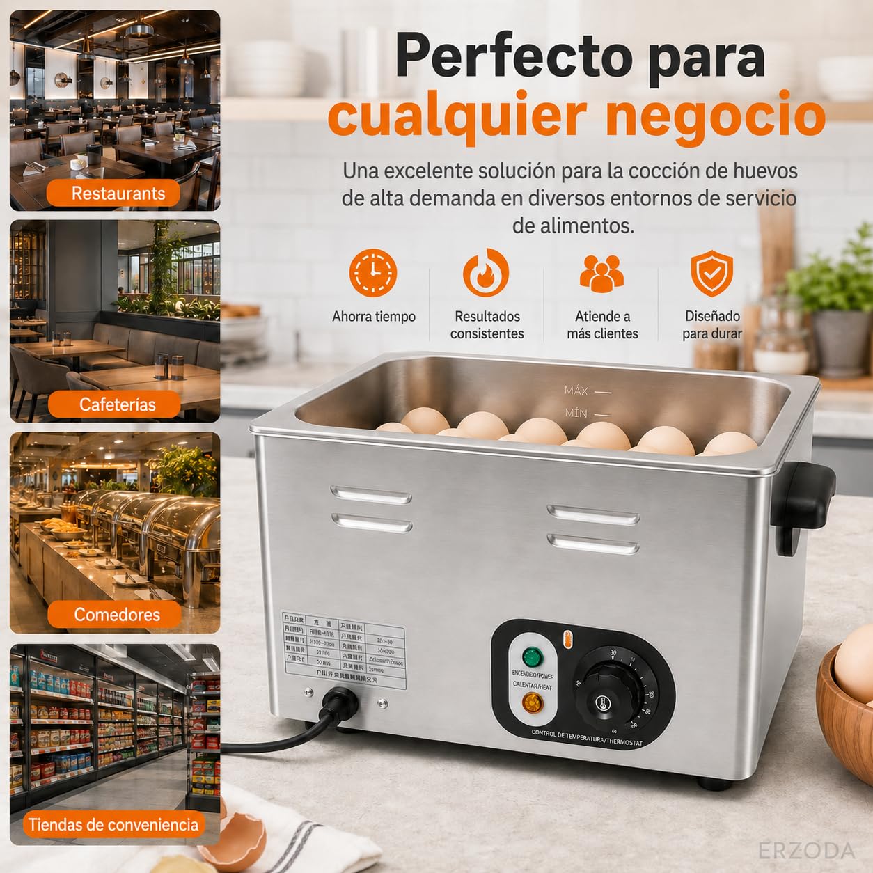 Cocedor de Huevos Eléctrico Profesional 60 Huevos, Acero Inoxidable con Termostato, 2,6 kW, para Cafeterías y Buffets