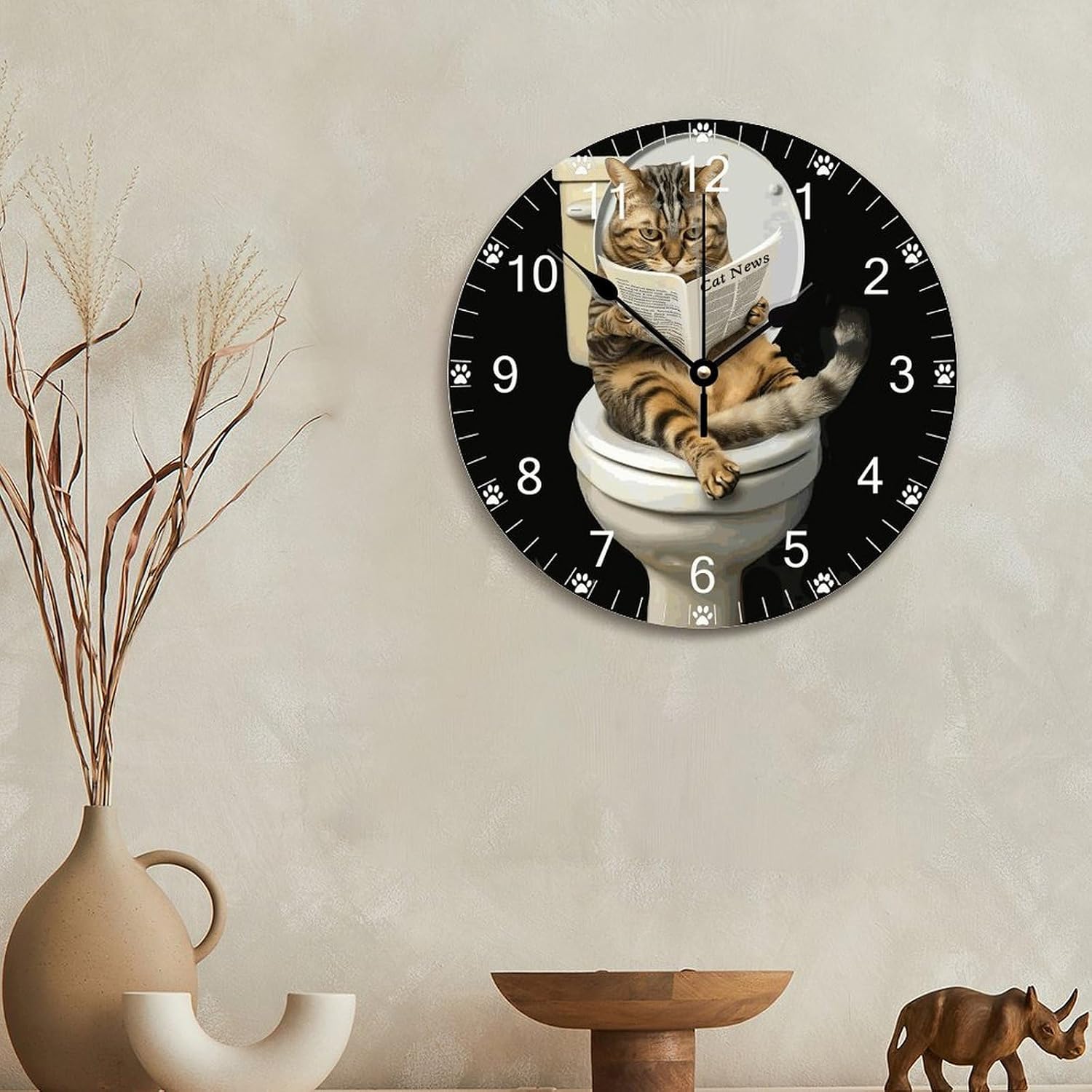 Funny Cat Wall Clocks Battery Operated 12 Inch Silent Cat On The Toilet with Newspaper Analog Clock Rustic Wall Art Farmhouse Home Decor for Kitchen Living Room Bedroom Office