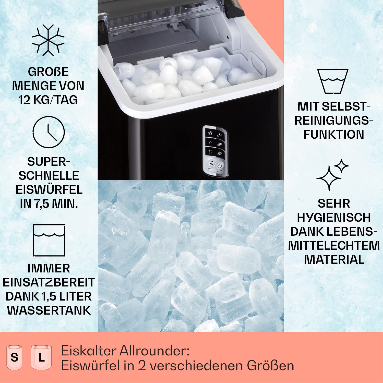 Klarstein Eiswürfelmaschine Klein, Schneller Ice Cube Maker, Eiswürfelbereiter Selbstreinigend, Eiswürfelgerät für Große und Kleine Eiswürfel, mit Eiswürfelbehälter, 12kg/24h, Fassungsvermögen 1,5 L