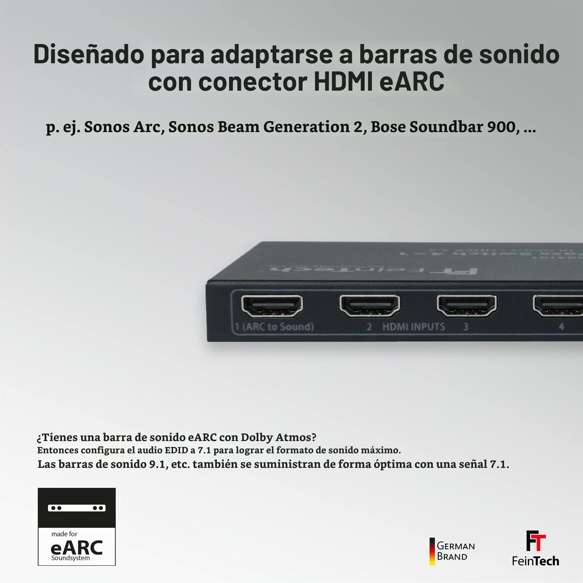 FeinTech VAX04101 HDMI eARC Pass Switch 4x1 para Barra de Sonido y videoproyector o televiso 4K Dolby Atmos
