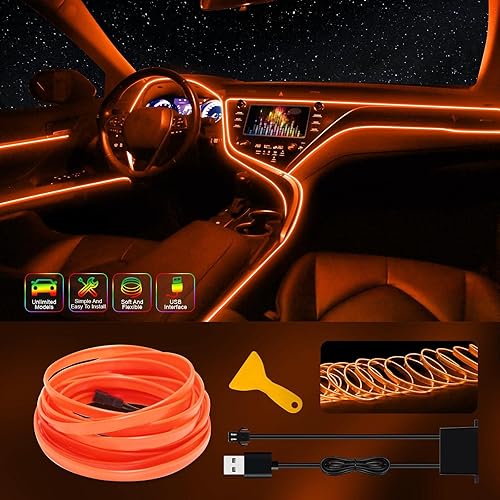 Tira de luz LED interior de coche con cable EL USB, luces de alambre de neón con borde de costura de 0.11 pulgadas, cable electroluminiscente