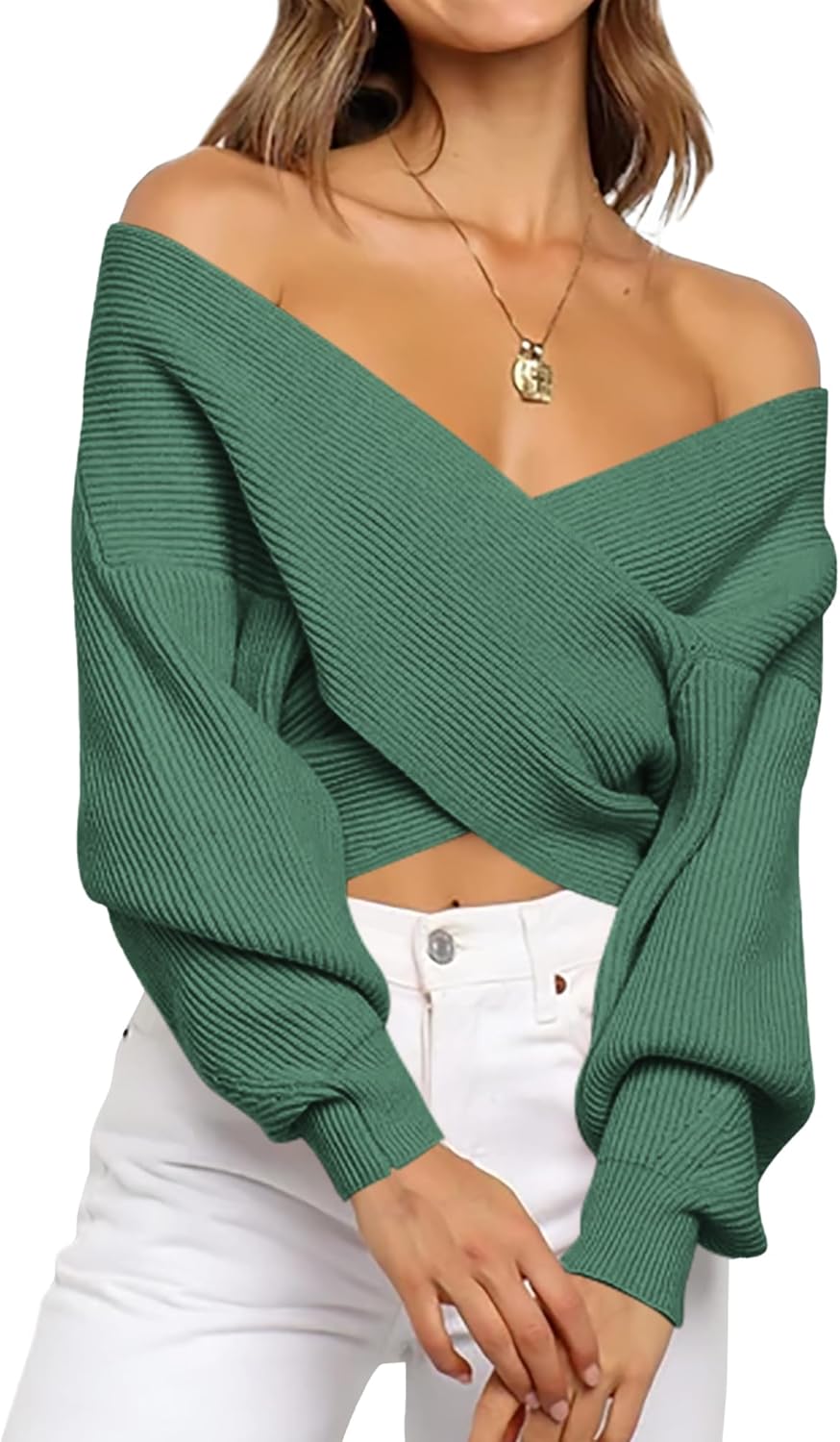 BTFBM Off The Shoulder Sweater for Women Winter Fall Fashion 2025 V Neck Long Sleeve Ribbed Knit Wrap Cropped Sweaters