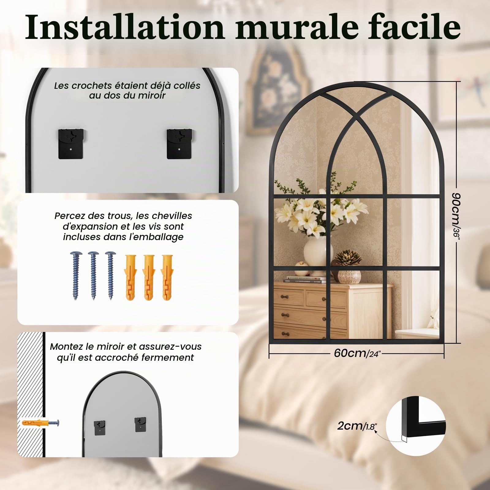 Miroir de fenêtre arqué noir rustique 60 x 90 cm pour intérieur, salon, couloir, entrée, décoration de jardin extérieure
