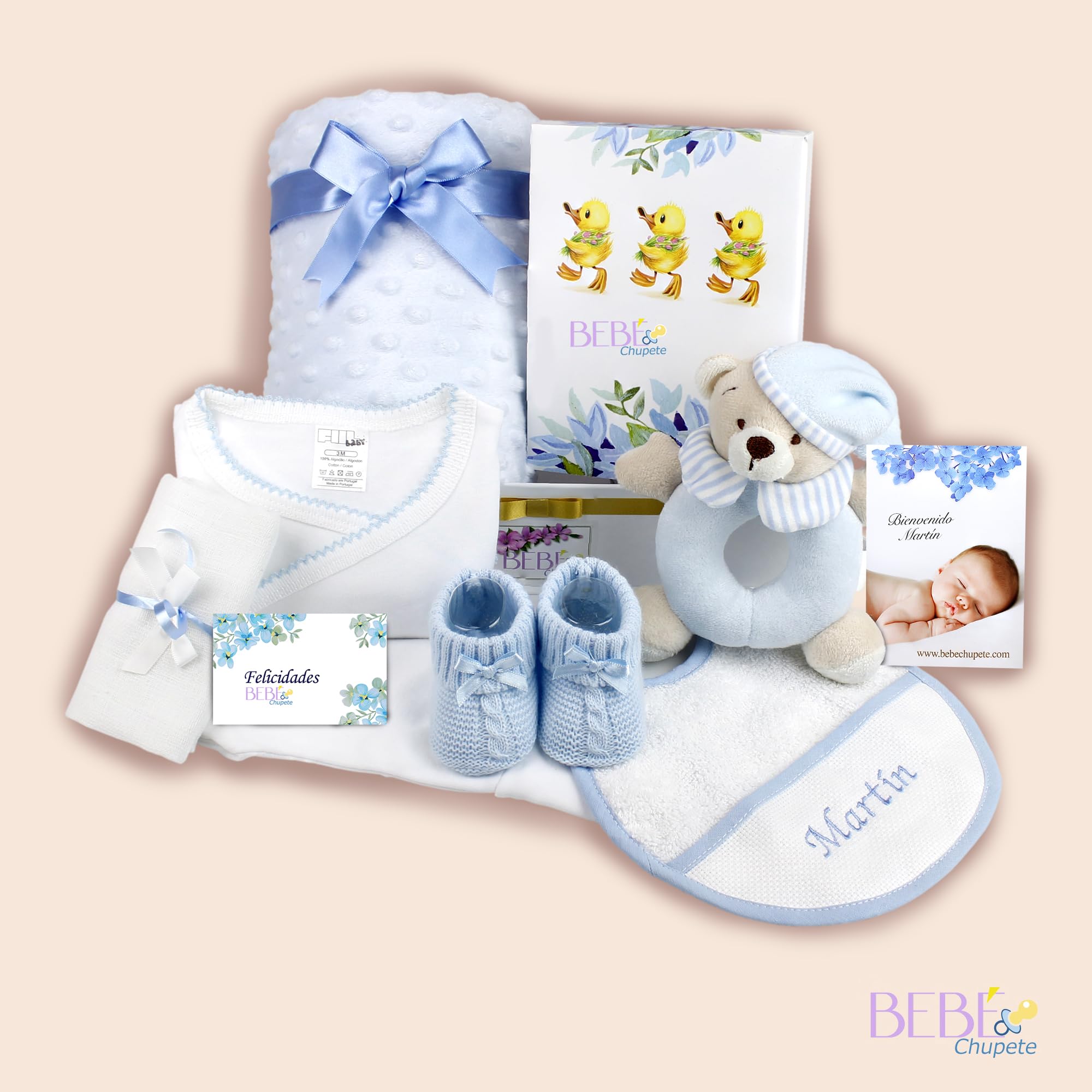BEBÉCHUPETE Canastilla bebe Personalizada(Talla 0-3 meses)- Cestas bebe - Regalos bebes recien nacidos originales - Regalo bebe recien nacido niña -Recien nacido niño- Cosas para bebes (Azul)