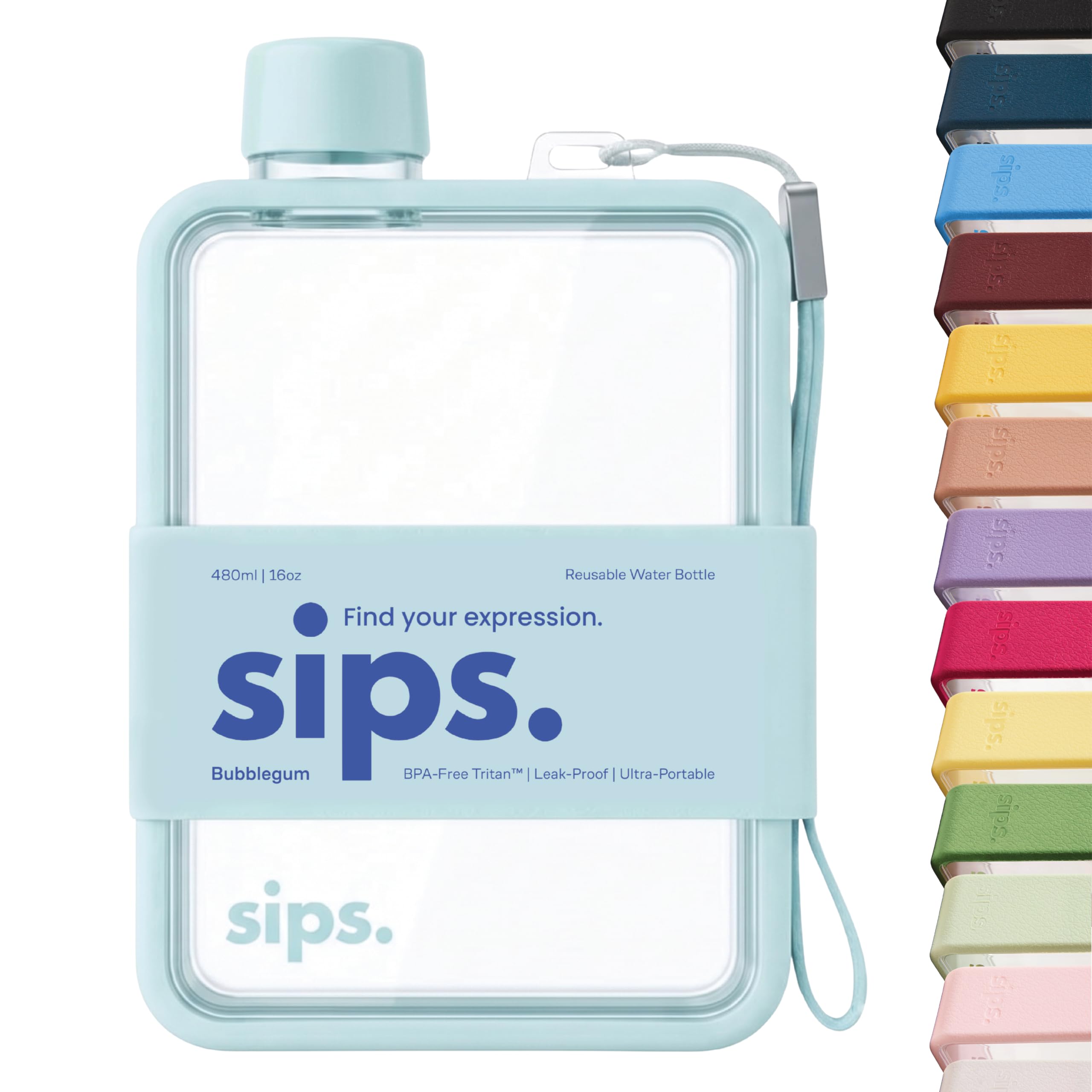 Sips. Flat Water Bottle 480ml, BPA Free Tritan Small Water Bottle for Purse, Gym, Travel, Leakproof, TPU Grip, PU Strap, 17 Colors