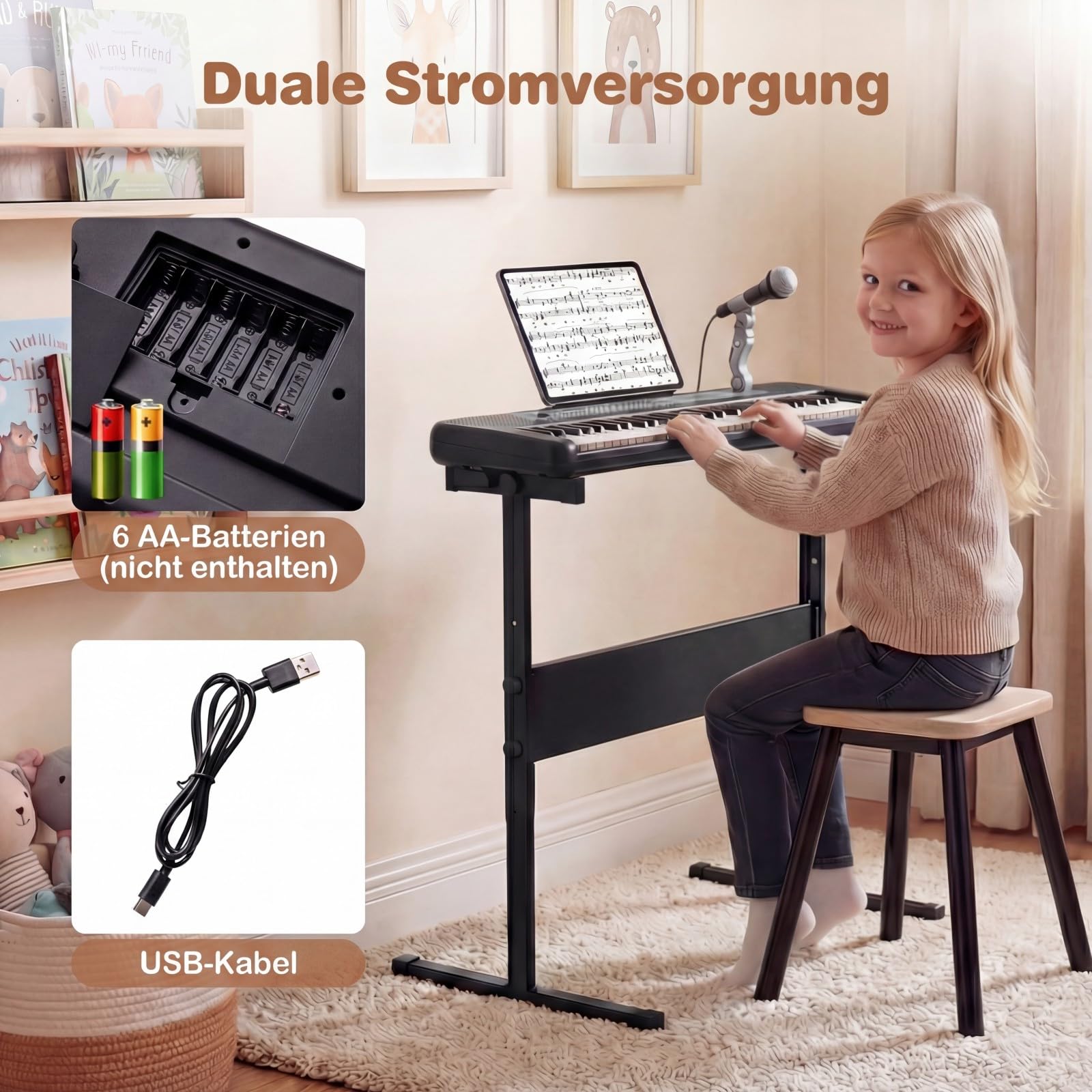 COSTWAY Keyboard dziecięcy z 61 klawiszami, elektroniczne pianino dziecięce z regulowanym stojakiem, mikrofonem i stojakiem na nuty, pianino dziecięce z dźwiękami, demami i rytmami, dla dzieci od 3