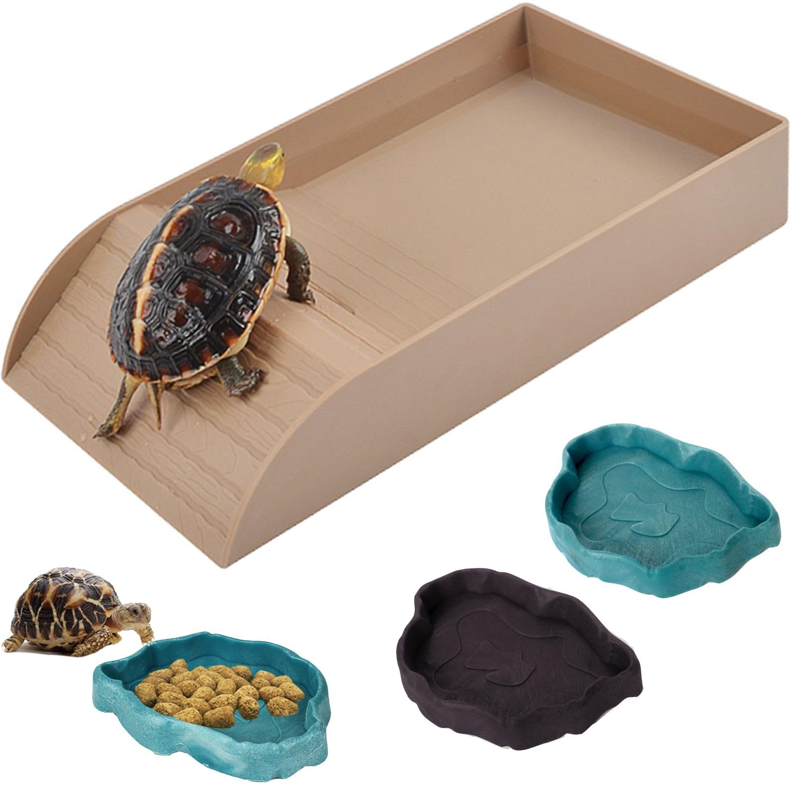 3pcs Tortoise Water Dish with Ramp Turtle Food Water Bowls Rock