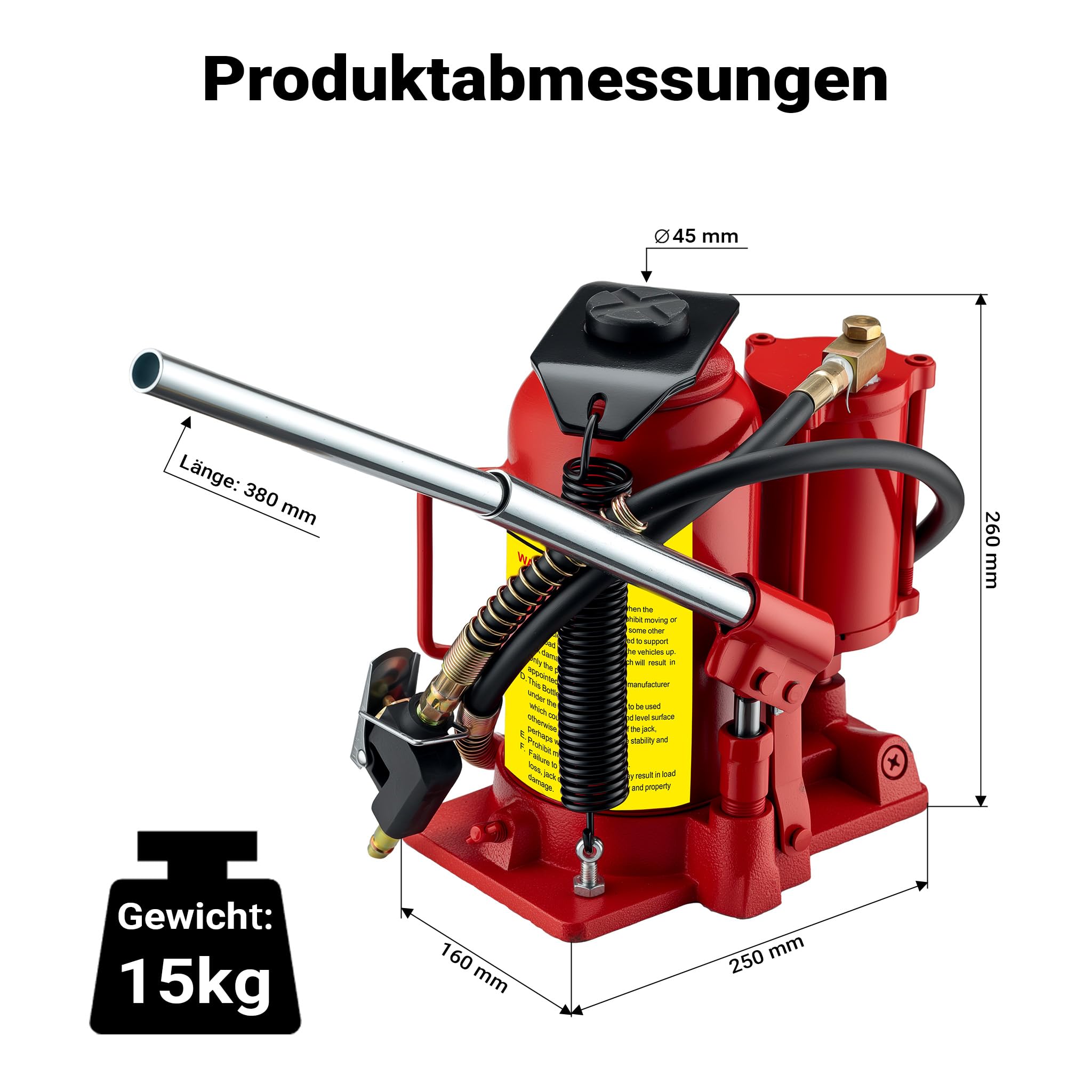 Wiltec Martinetto Idraulico a Bottiglia 20t 260-510mm Uso Pneumatico e Manuale Cric