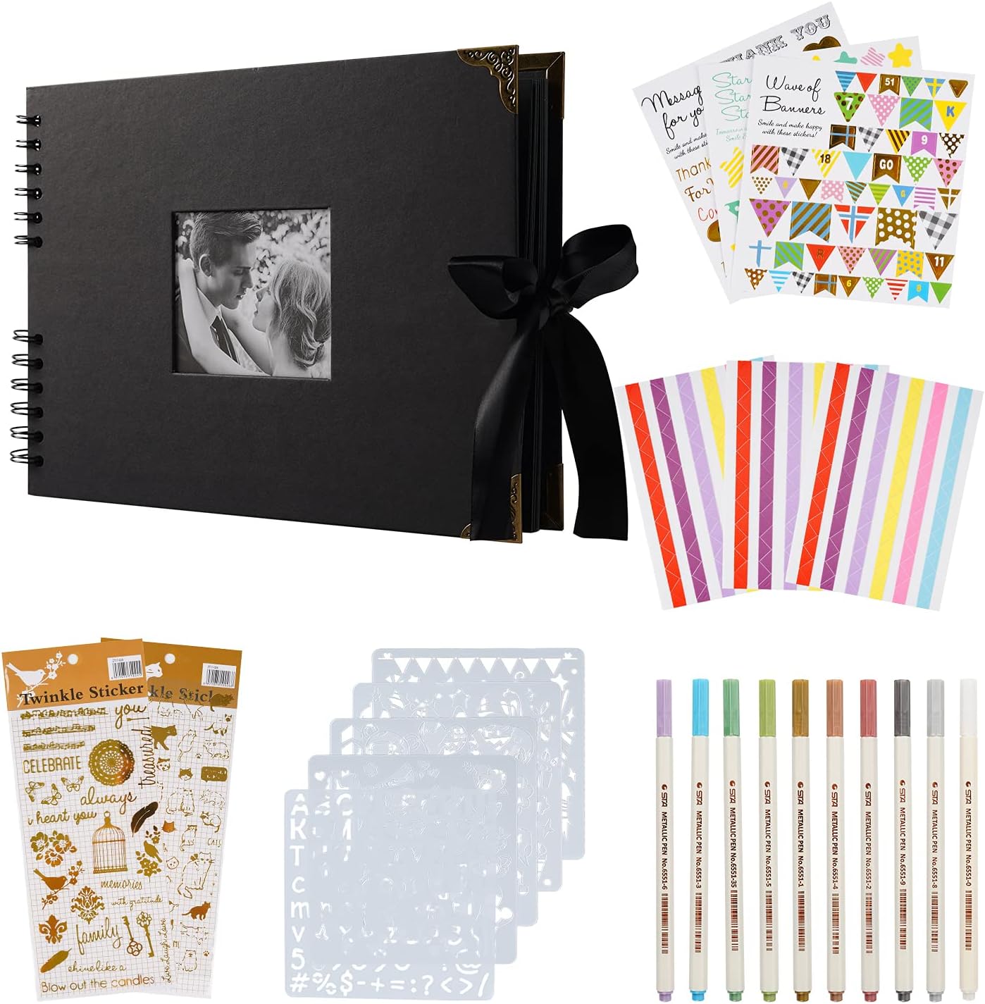 OLAI Scrapbook Photo Album, DIY Craft Paper Photo Book 80 Pages, DIY Handmade Album Scrapbook Set, Records Anniversary, Wedding, Graduation, Travelling, Contains Metal Pen- Black