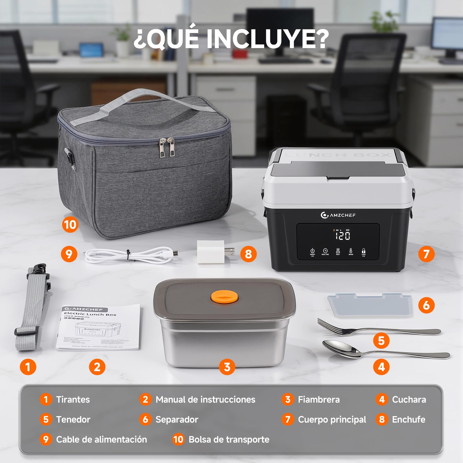 AMZCHEF Fiambrera eléctrica batería 18.000 mAh – fiambreras comida trabajo 1,5 L con calentamiento 5 caras, temporizador y función mantener calor, carga rápida USB-C para oficina, coche y obras