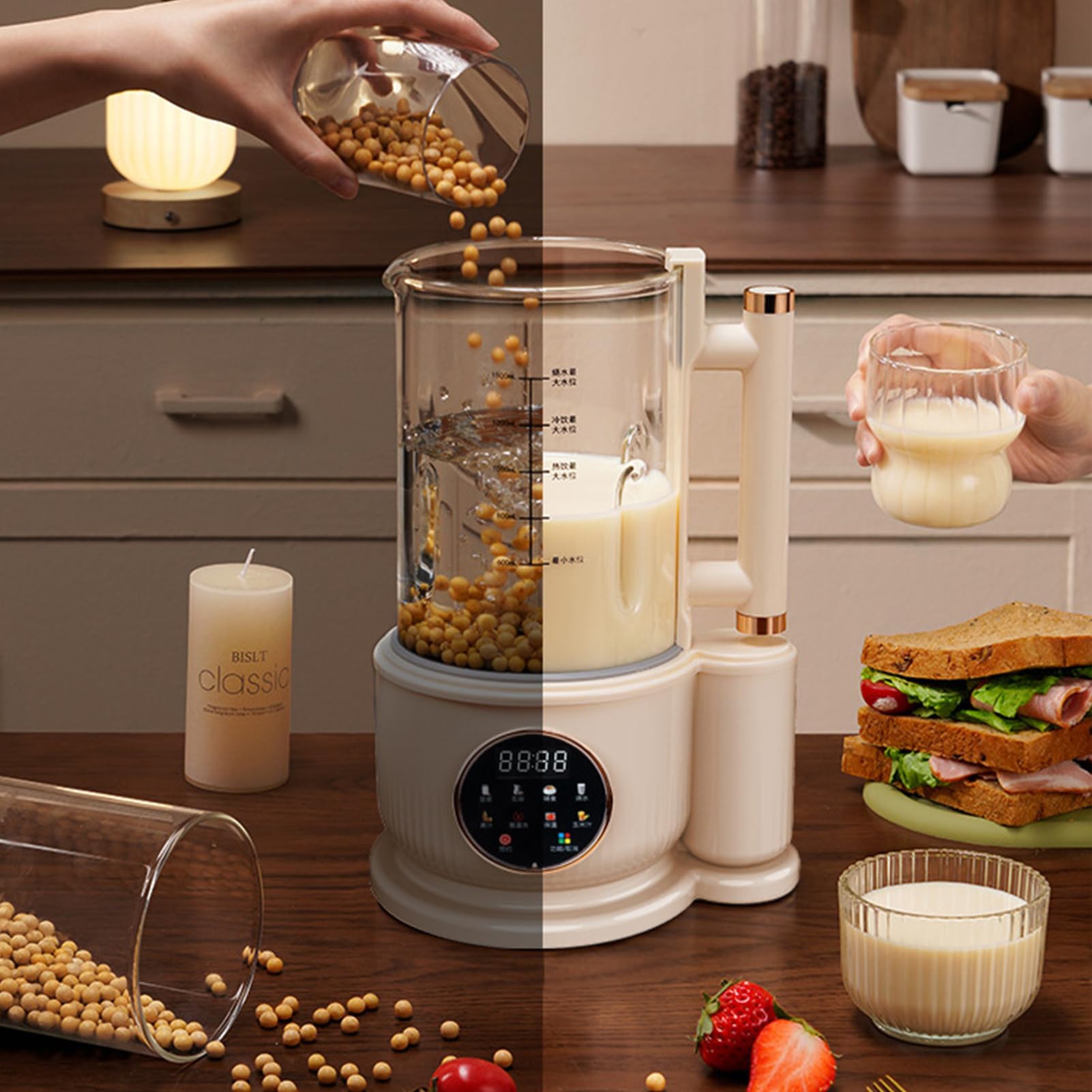 Sojamilchbereiter, 1,5 L Nussmilchbereiter mit 12 Edelstahlklingen, Verzögerungsstart, Kochen, Warmhalten, Automatische Reinigung, Mixer für Mandeln, Hafer, Kokosnuss (EU-Stecker 220 V)