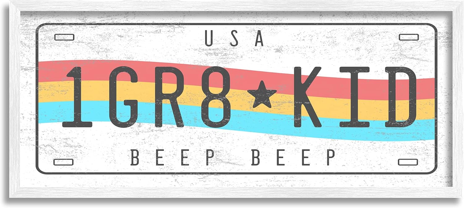 Stupell Industries 1 GR8 Kid Rainbow Car License Plate, Designed by Daphne Polselli White Framed Wall Art, 13 x 30, Grey