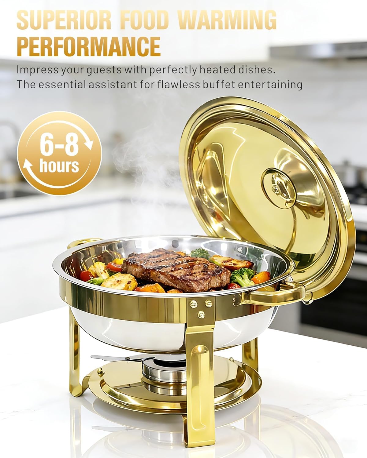 6L Scaldavivande per buffet, Chafing Dish Rotondo in Acciaio Inox, 4 Pezzi | Scaldavivande Buffet per Alimenti Caldi e Freddi con Portacoperchio, per Catering Ristoranti Feste Matrimoni, Oro e Argento