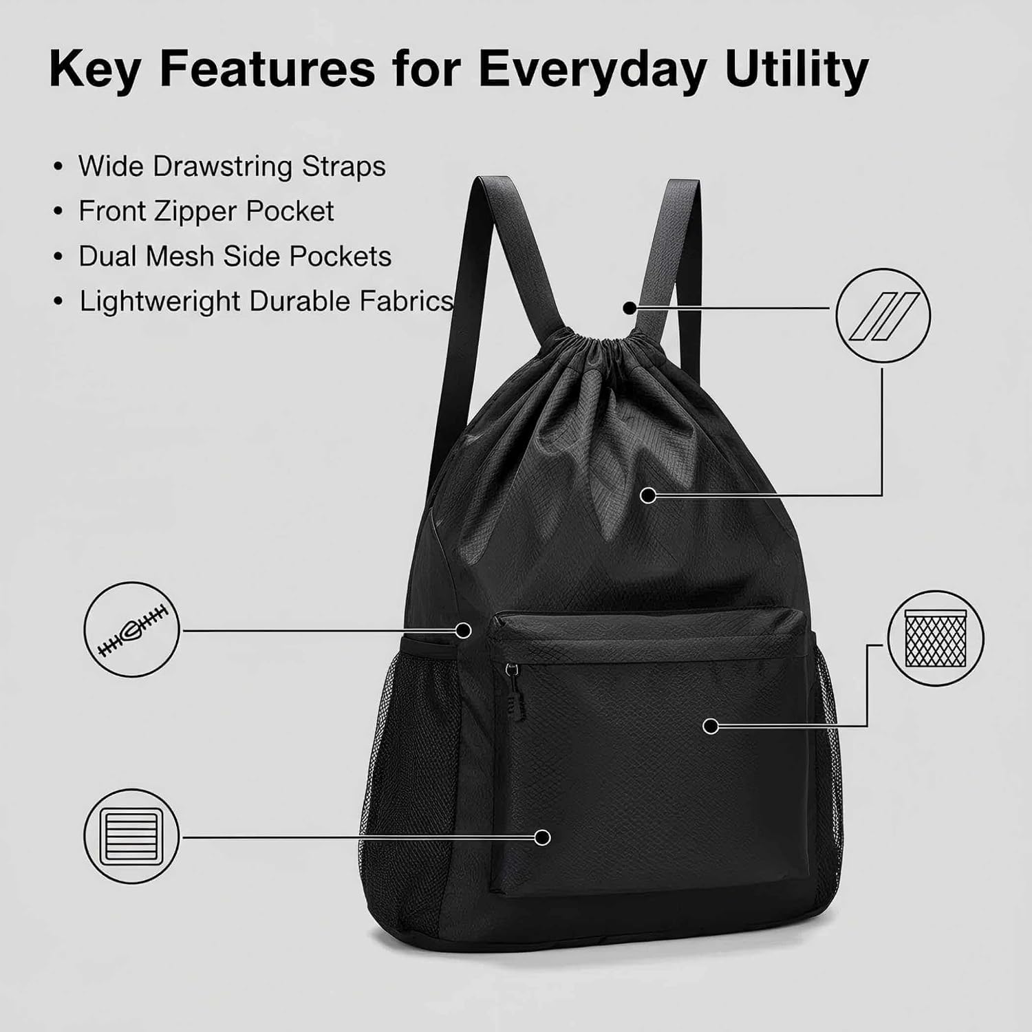 Water Resistant Oxford Drawstring Backpack Sports Gym Cinch Bag Black