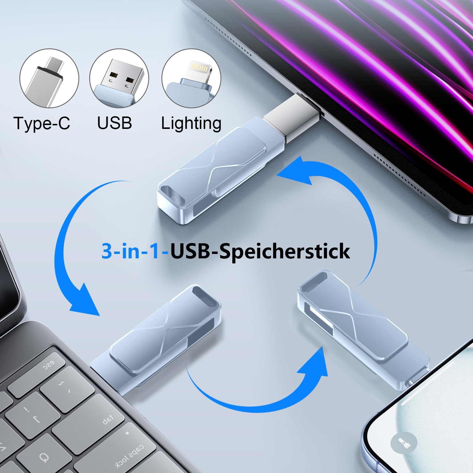 Memoria USB 3.0 3 en 1 con certificación MFi de 512 GB, compatible con iPhone, iPad, Android, Mac, PC, Smart TV, coche