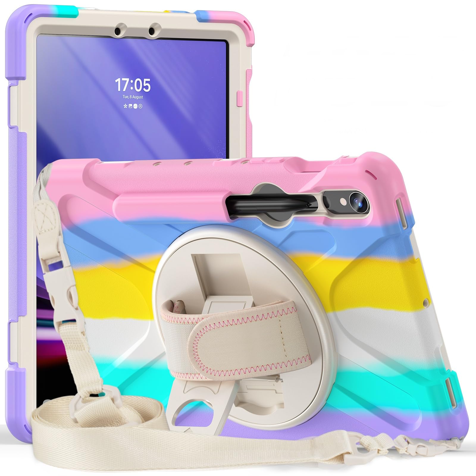 ProElite Cover for Samsung Galaxy Tab S9/S8/S7 S9 FE/S10 FE Cover Case, Rugged 3 Layer Armor case Cover for Galaxy Tab S9/S8/S7 11"/ S10 FE/S9 FE 10.9" Hand Grip and Rotating Kickstand, Rainbow Pink-image-8