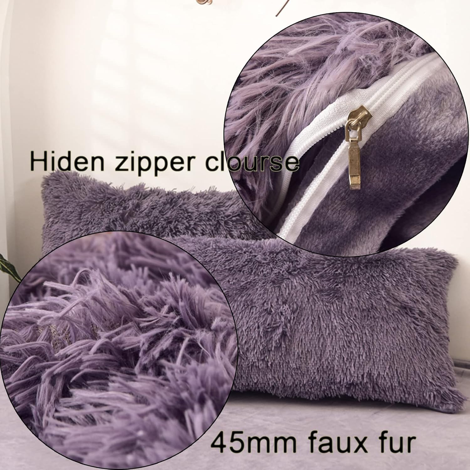 MorroMorn Decorative Pillows Covers, 2 Packs Faux Fur Pillow Cases, Luxury Shaggy Throw Pillowcase Cushion Shams with Zipper Closure Room Decor for Couch Sofa Bed (Dark Purple, King/Cali King) - Image 4