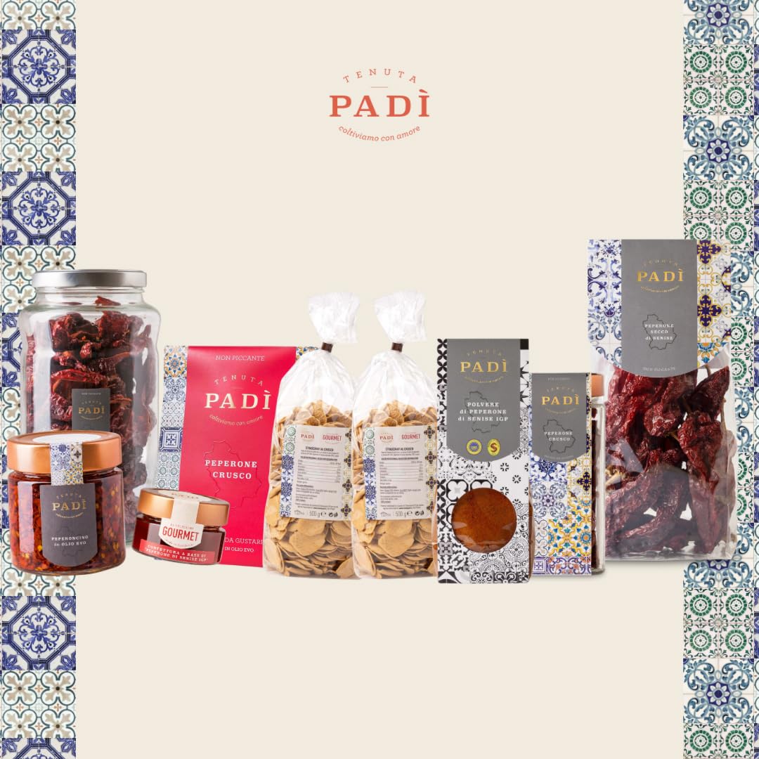 Tenuta Padì Peperone Crusco di Senise Igp Box Starter Pack | Peperoni Cruschi da friggere, già fritti in olio Extravergine di Oliva, Pasta, Polvere di Zafaran, Confettura e Peperoncino Lucano.
