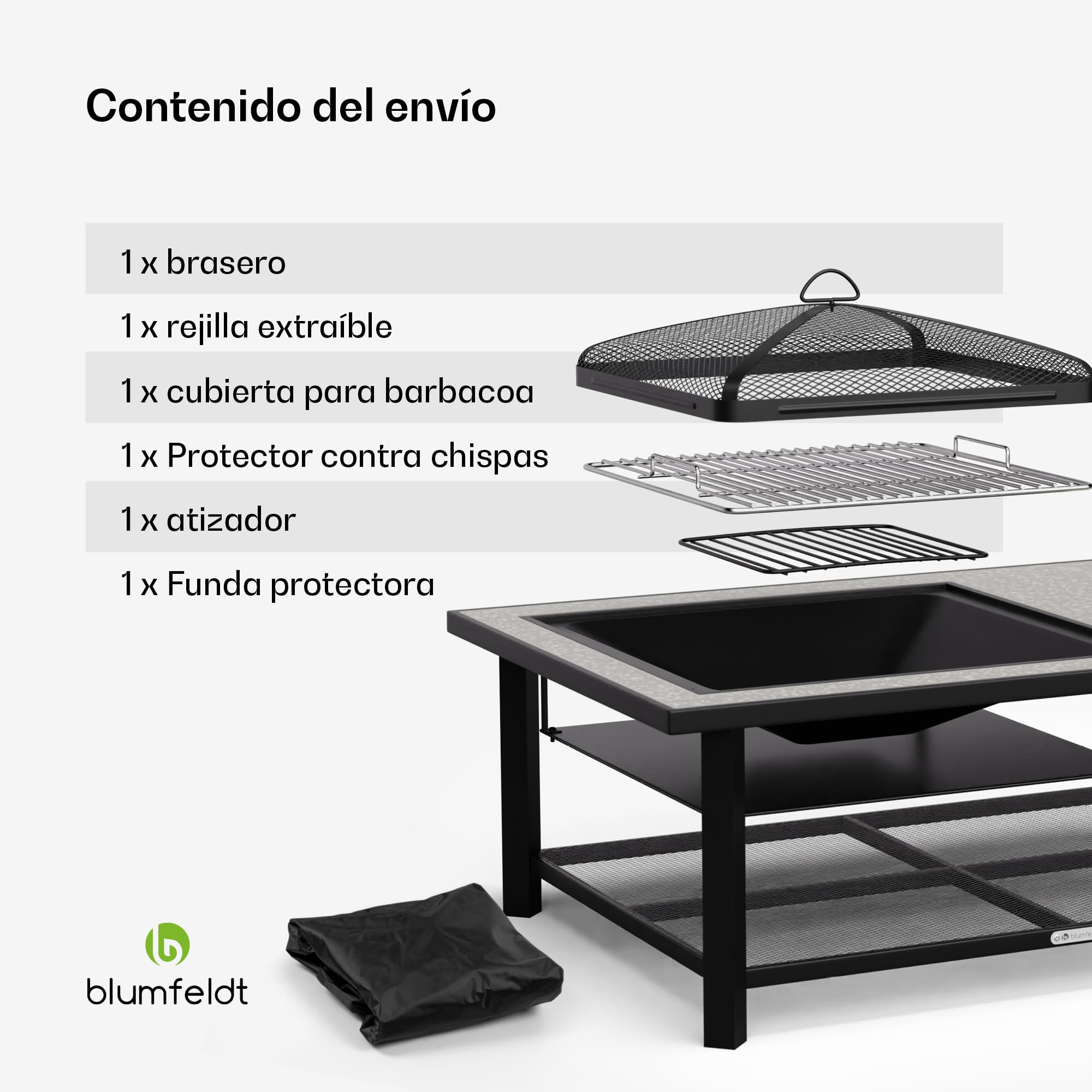 Blumfeldt Merano Avanzato L Brasero Exterior - 3 en 1 Hoguera, Barbacoa & Mesa, Estructura de Acero, Tablero de Terrazo, Incluye Parrilla, Atizador & Protector Antichispas, Ideal para Jardín & Patio