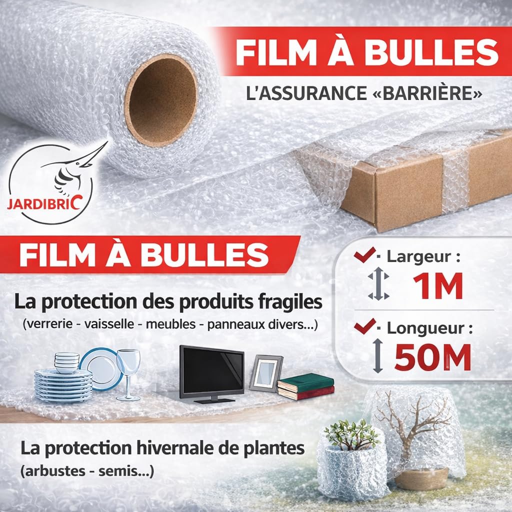 Jardibric - Film à Bulles Polyéthylène 1 x 50 m - Rouleau de Protection Hivernale pour Plantes - Emballage et Déménagement Produits Fragiles