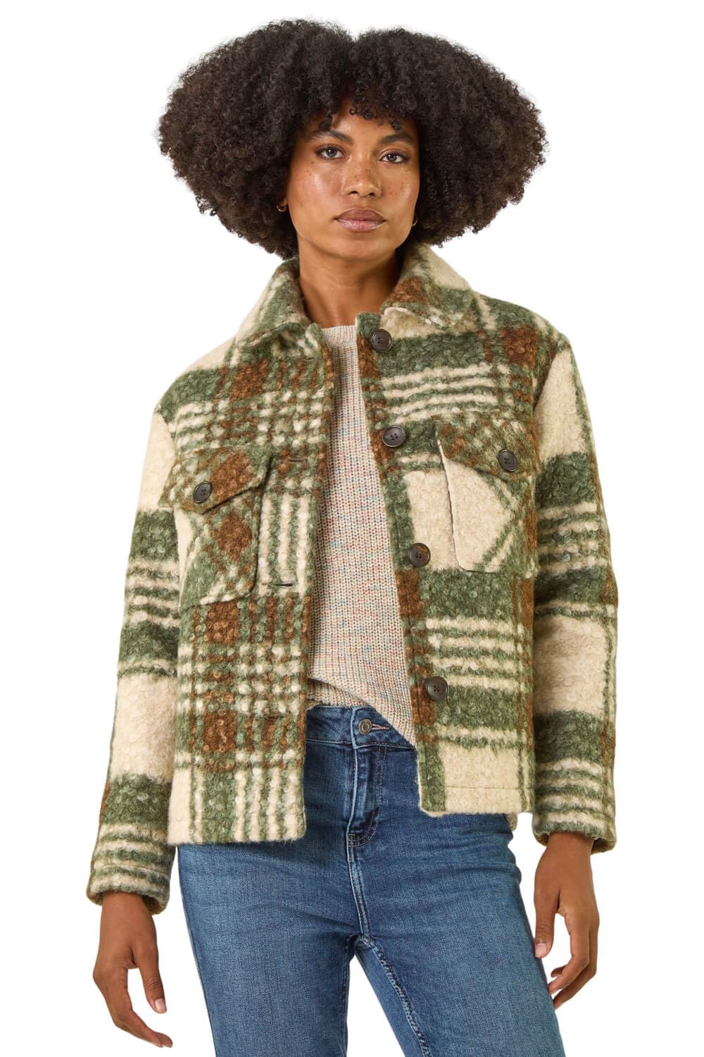 Roman Originals Women's Green Check Print Button Borg Jacket For Uk - Everyday Autumn Winter Comfy Soft Evening Vacation Work Party Night Out - Size 18