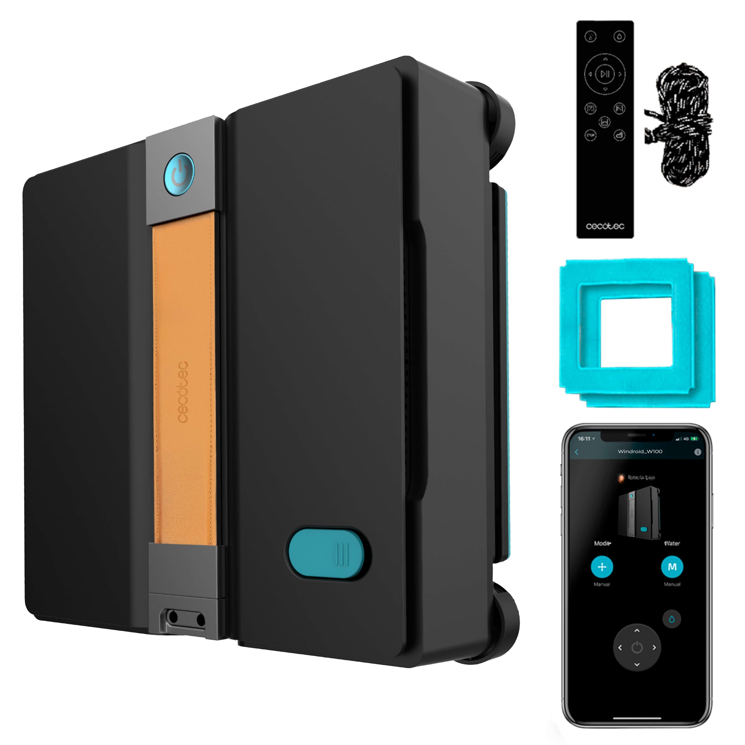 Cecotec Robot Limpiacristales con App y Mando Conga Windroid W50 Double Spray. Pulveriza, Limpia y Seca, 6300Pa, Diseño Cuadrado, 4 Mopas y 4 Sprays, 5 Modos, Doble Sistema de Seguridad