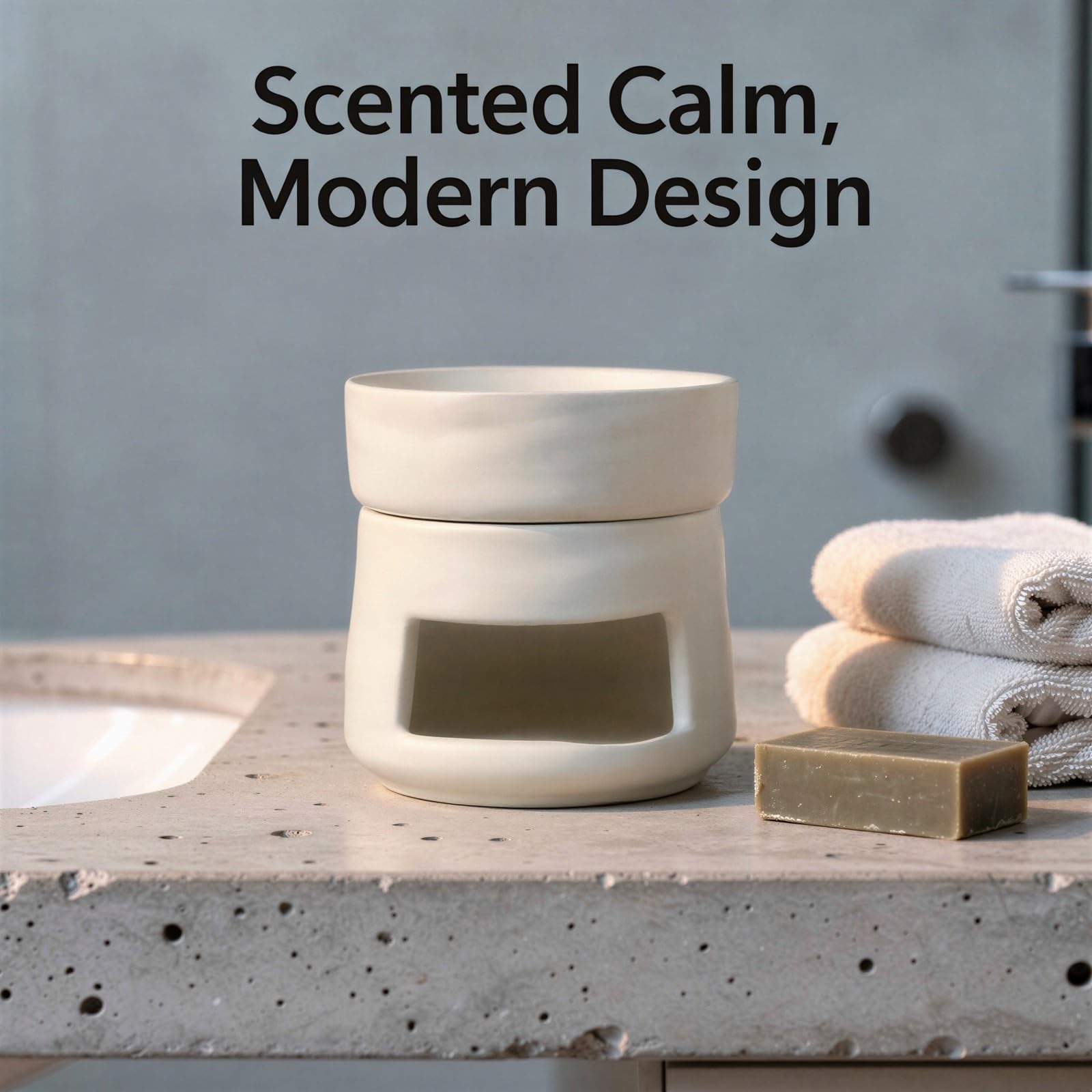 Keramik Duftölbrenner, 3,9 Zoll Würfel, 10 x 10 x 10 cm, modernes minimalistisches Nordic Design, weißer Teelichthalter und Aromadeko, mit abnehmbarem Deckel für Wohnzimmer, Bad und Spa