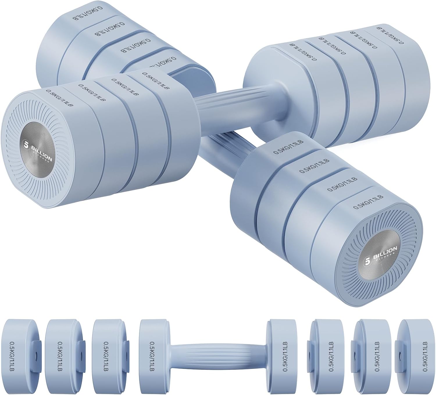 Dumbbell Set of 2, Adjustable Weight, Anti-slip Handle, Macaron Colors, Each 2.2/4.4/6.6/8.8 lbs, 4 in 1 Hand Weights for Women at Home, Blue