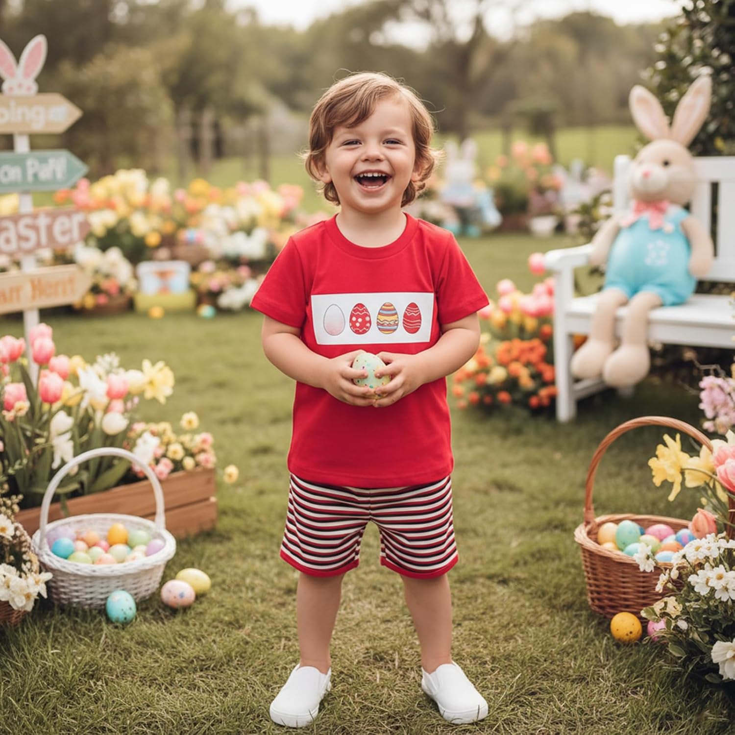 Douhoow Baby Boys Easter 2 Piece Outfits Short Sleeve Round Neck Rabbit Embroidery Tops and Plaid Shorts Set - Image 6