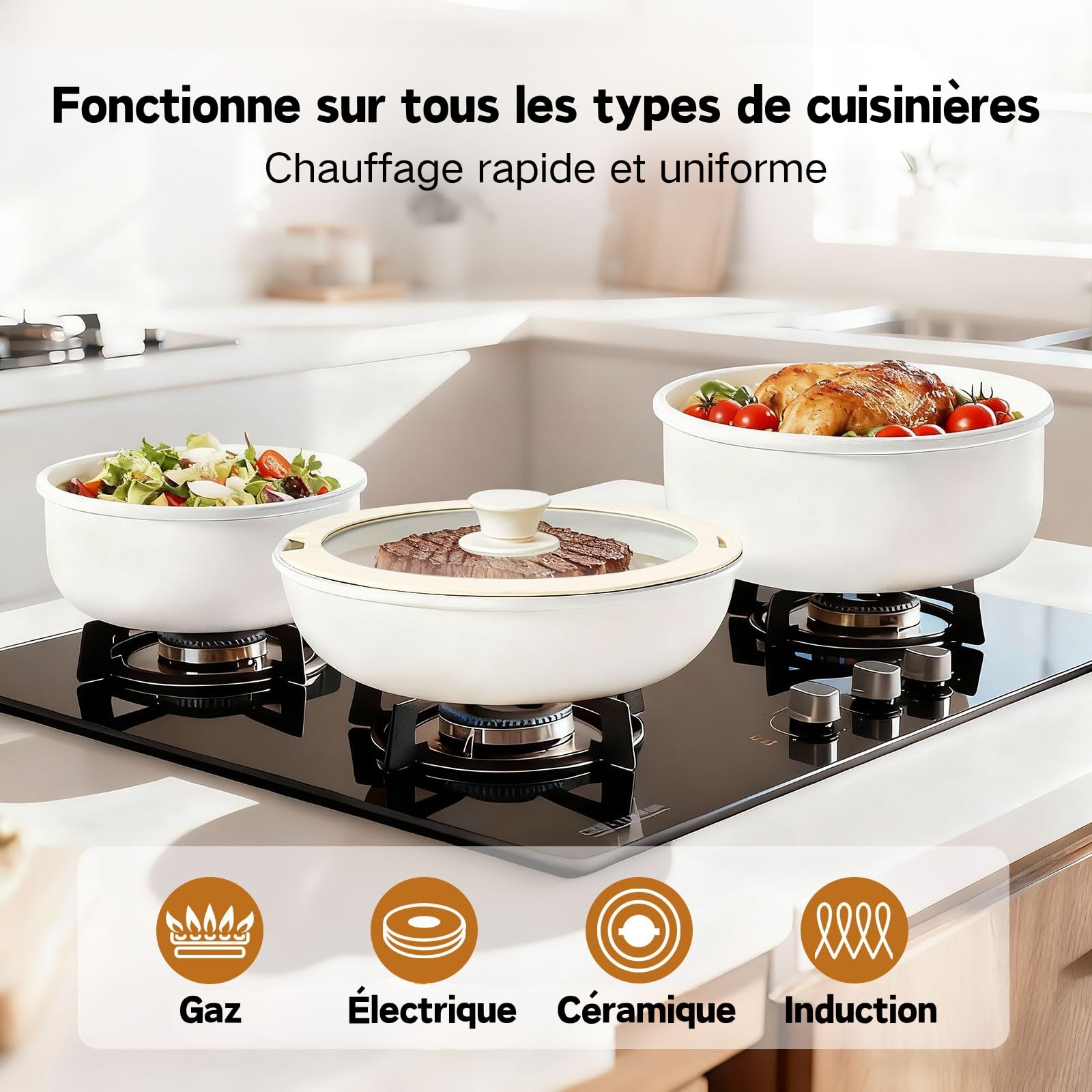 LEADZM Batterie de Cuisine Induction，Casserole Induction，poele，22 Pièces | Set de et en，Casseroles Poêles Céramique Antiadhésif - 22 Pièces avec Poignées Détachables（blanc cassé）