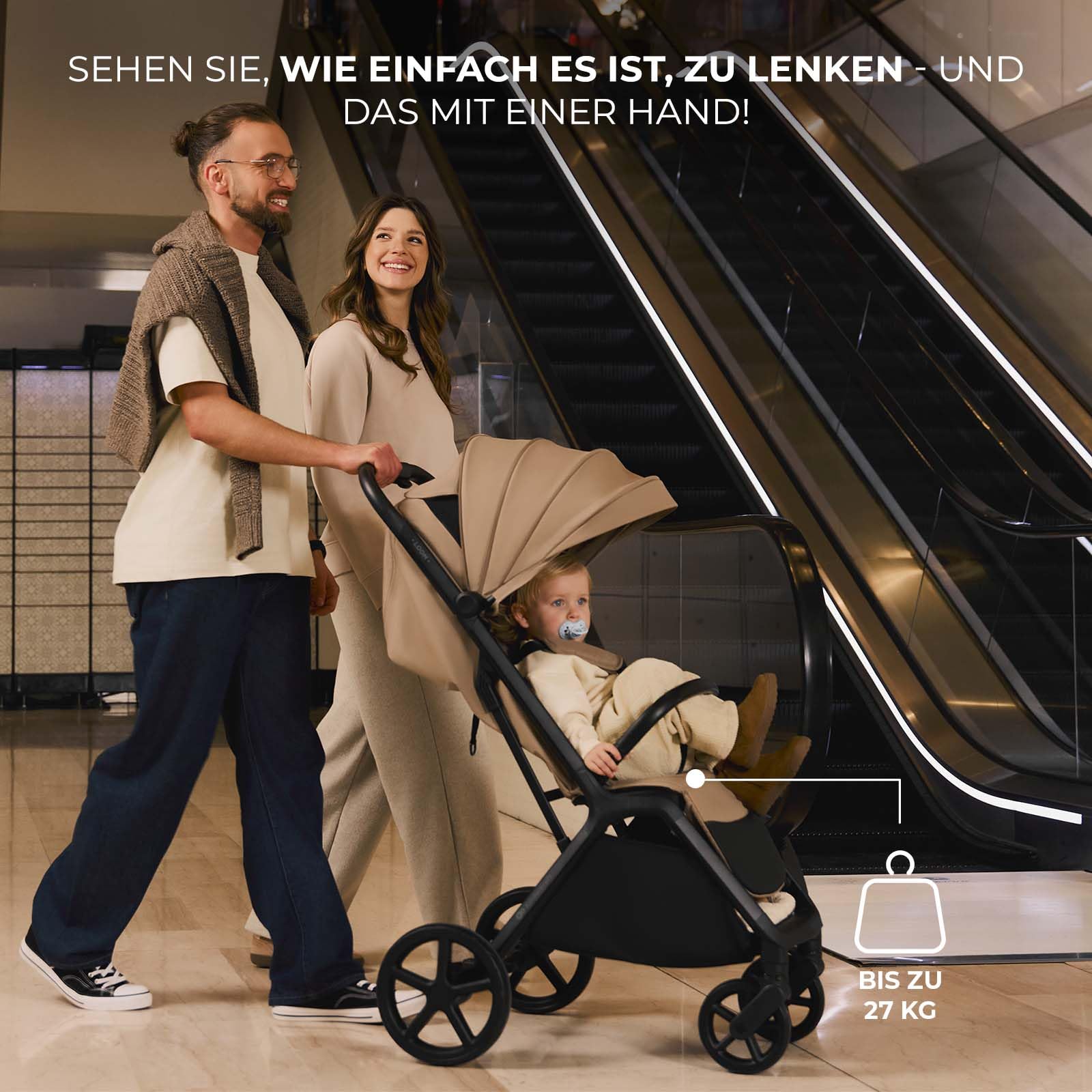 Kinderkraft LOOM Kompakter und leichter Buggy, automatisches Zusammenklappen, große pannensichere Räder, verstellbare Rückenlehne, ab Geburt bis 22 kg, Beige