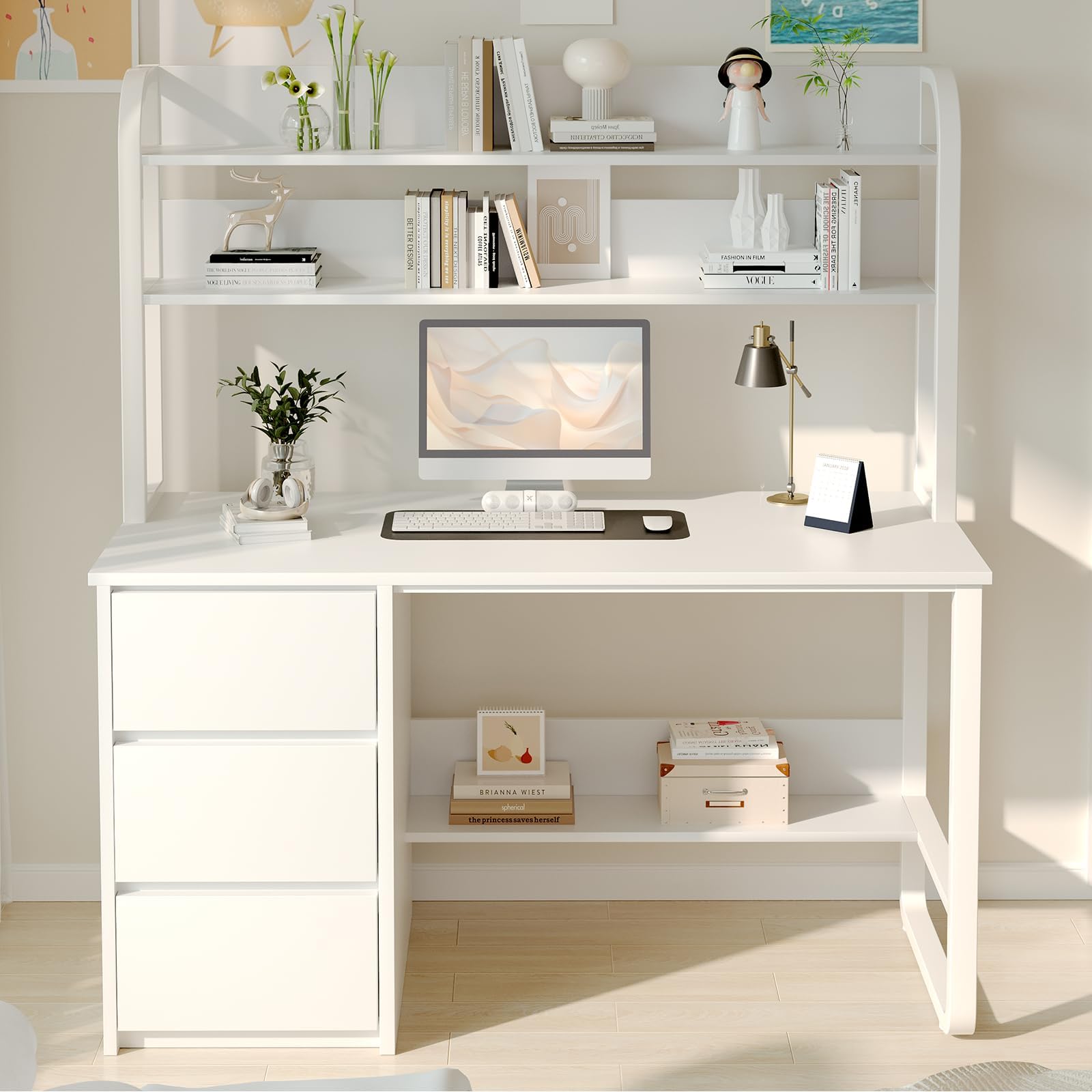 White Desk with Hutch, 60 Inch Computer Desk with 3 Drawers for Bedroom, Study Writing Desk with Shelves for Small Places, Adjustable Feet