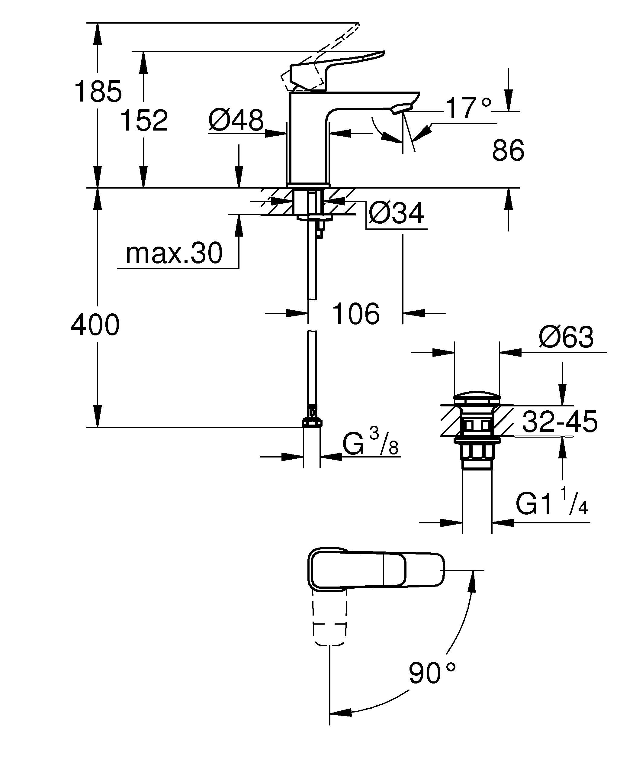GROHE Dice, energiesparende Waschtischarmatur, Kaltwasser in Mittelstellung (Wasserhahn für das Bad, 15cm hoch, Push-Open Ablauf, inkl. 3in1 Werkzeug, einfache Installation), mattschwarz, 1018612430