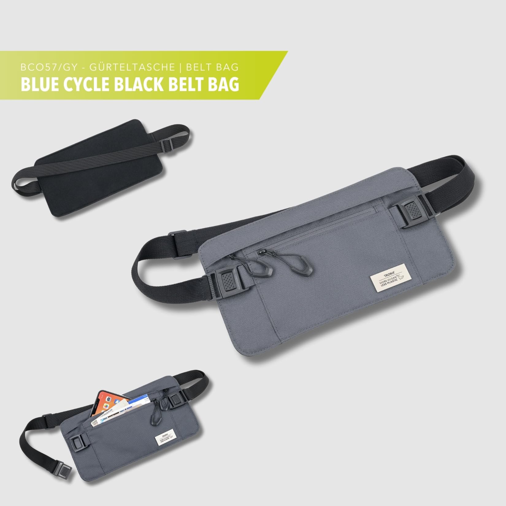 TROIKA Torba na pasek Blue Cycle Belt Bag – 1 kieszeń z ochroną przed odczytem – pasuje na bilety, smartfony, paszport, dowód osobisty, karty pokładowe, plastik morski z recyklingu, ciemnoszary,