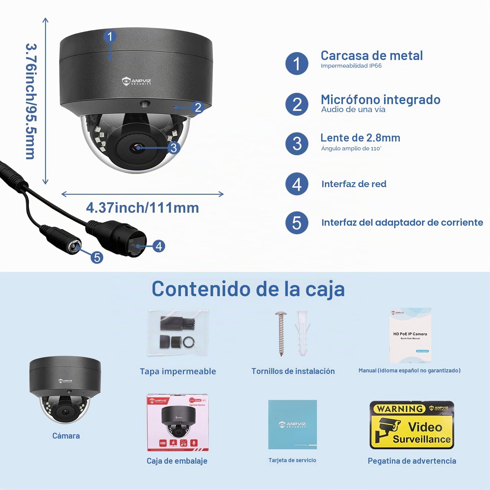 Anpviz 5MP PoE IP Camara Vigilancia Exterior, 30m IR Visión Nocturna | 30m Visión Nocturna Infrarroja, Lente 2,8 mm, Micrófono, Todo Metal, Cableado, Sin Adaptador, IP66 (Serie U)