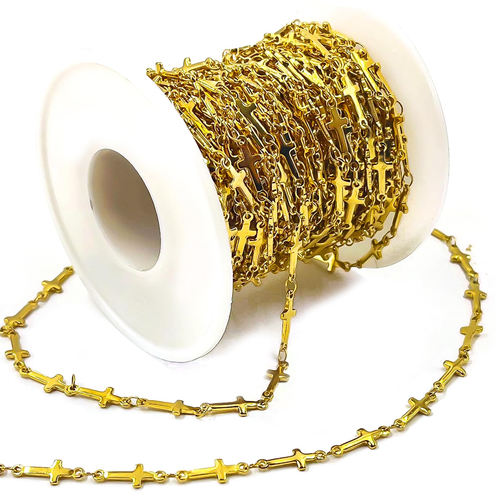 Catena a croce per la creazione di gioielli, 3 m, in acciaio inox, color oro, forniture sfuse fai da te per collane, bracciali, cappelli, catene decorative