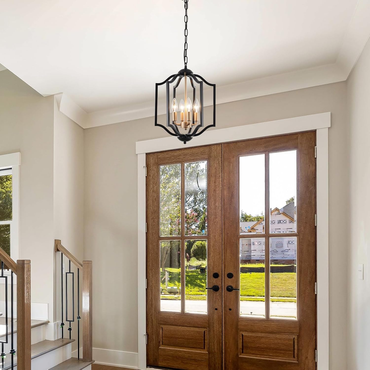 Black and Gold Chandelier Light Fixture, 4-Light Farmhouse Chandelier Dining Room Light Fixtures Rustic Hanging Small Entryway Pendant Light for Kitchen Island Foyer Living Room