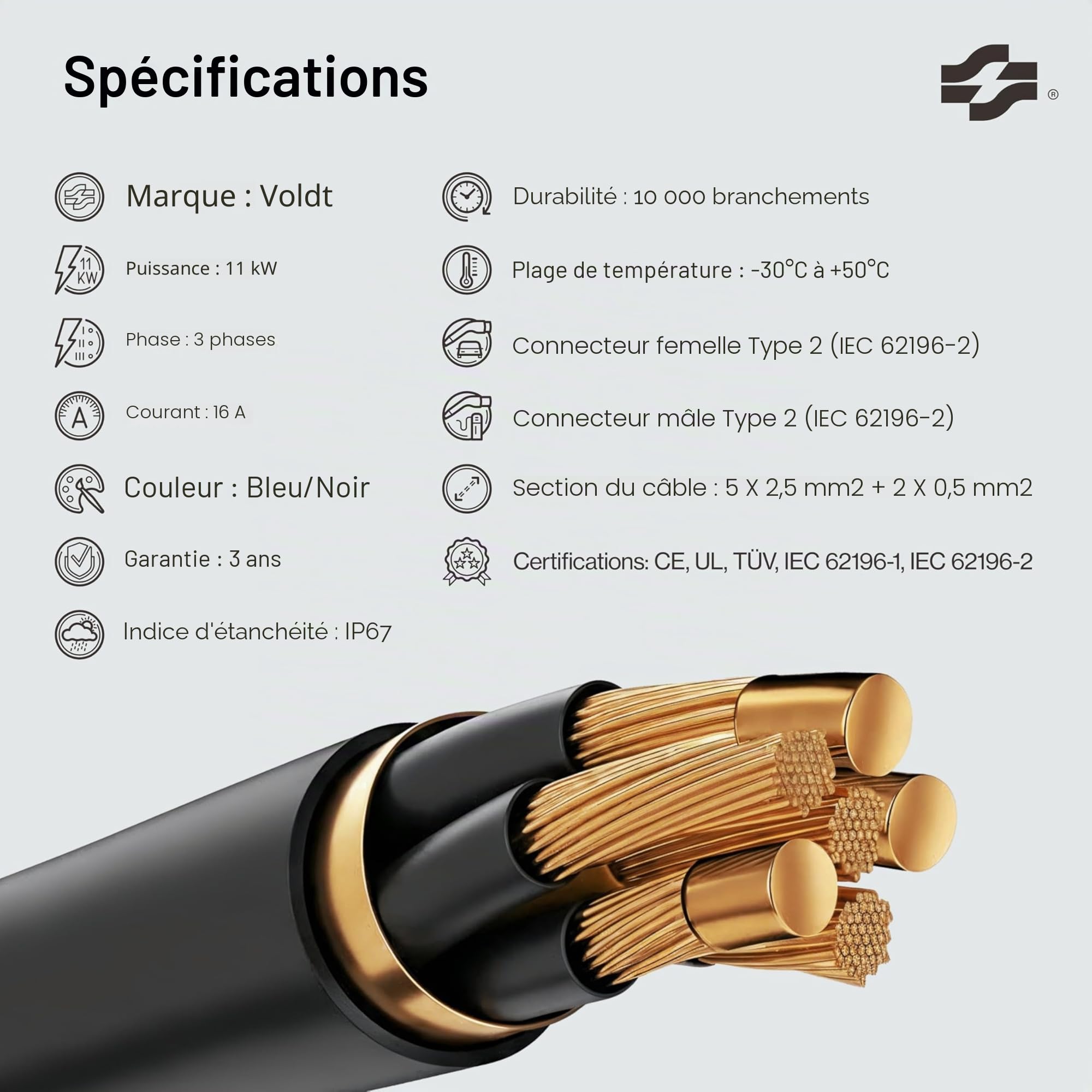 VOLDT Câble de charge spirale 2 11 kW 16 A 3 phases pour véhicules électriques EV PHEV type 2 vers type 2 Mode 3 Compatible Tesla Model S/X/Y/3, ID.4, E-Tron, e-208, I4, IX1, Zoe, IP67