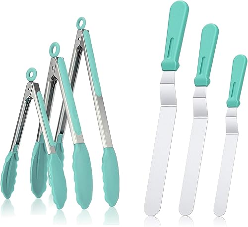U-Taste Juego de espátula de glaseado de acero inoxidable 180 y 480F de alta resistencia al calor Premium Kitchen Tong Set (Aqua Sky)