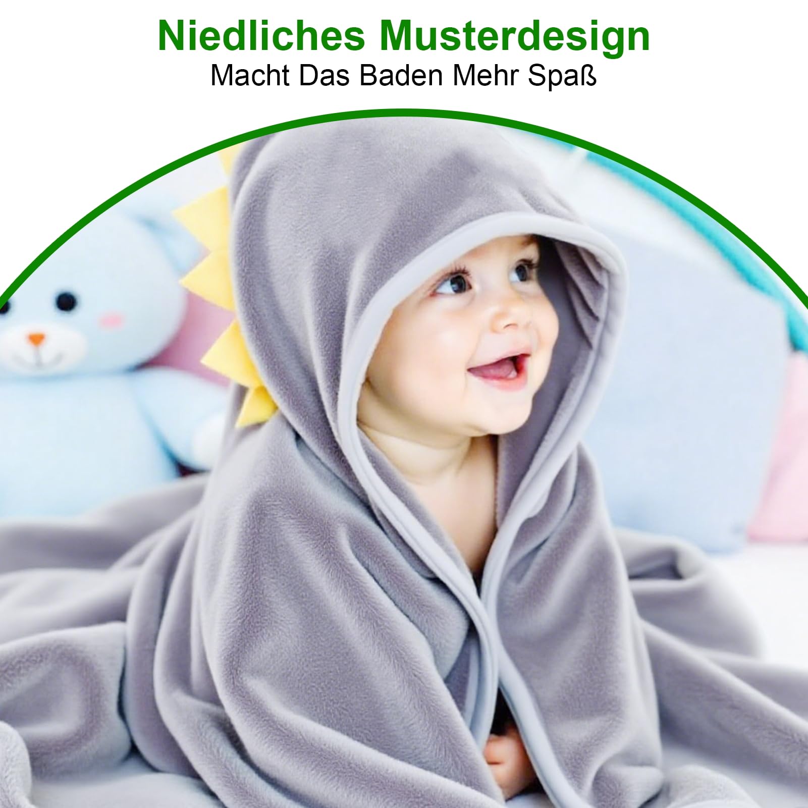 Set 3 Asciugamani Con Cappuccio Per Bambini In Pile Corallo - Morbidi E Assorbenti, 80x80 Cm, Unisex Con Ricami Animali, Bianco/Grigio/Blu - 6