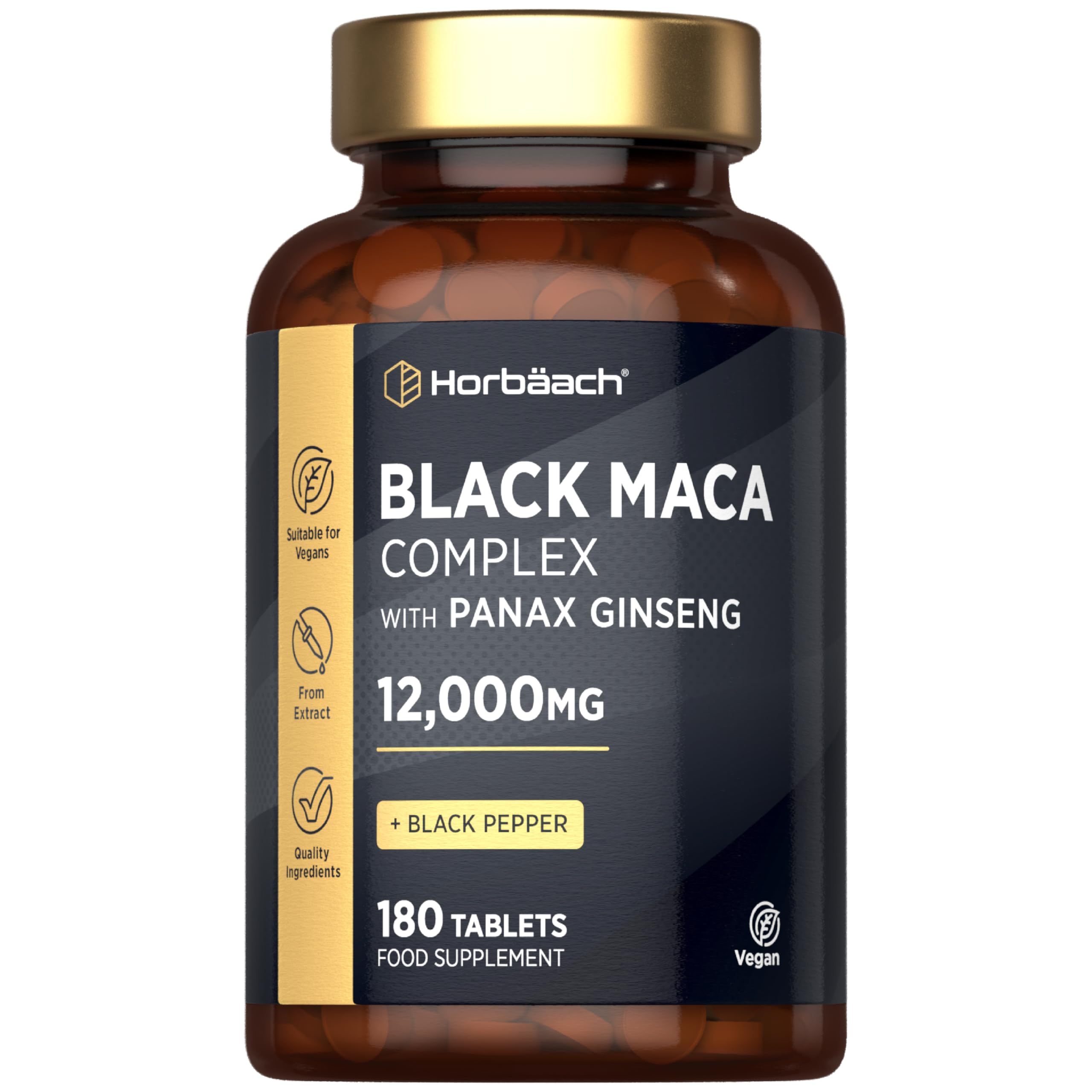 Maca Root Capsules 12,000mg (High Strength) | Black & Yellow Maca Complex with Panax Ginseng & Black Pepper | 180 Vegan Tablets | by Horbaach